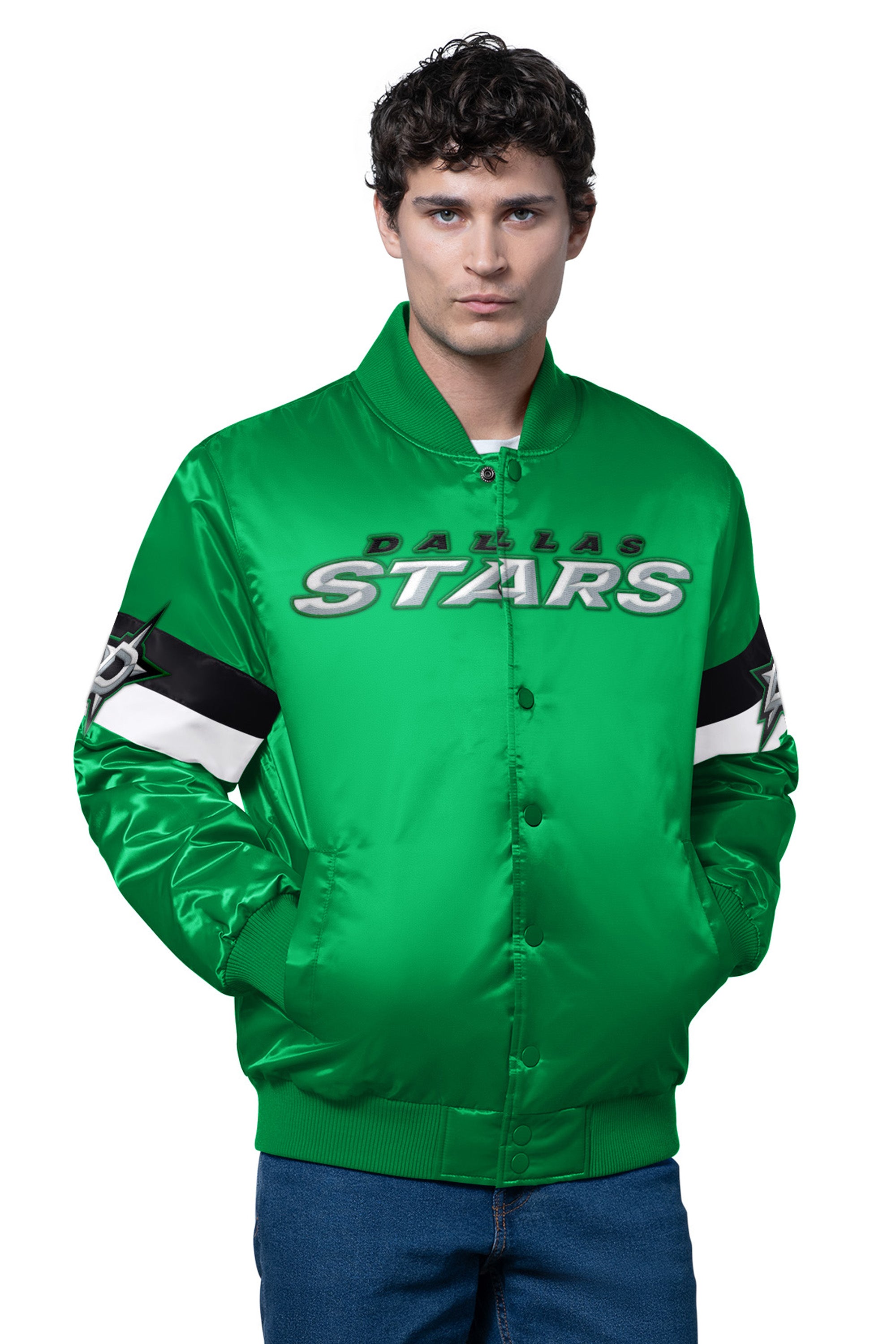 MENS DALLAS STARS TRIPLE OPTION SATIN VARSITY JACKET View 1