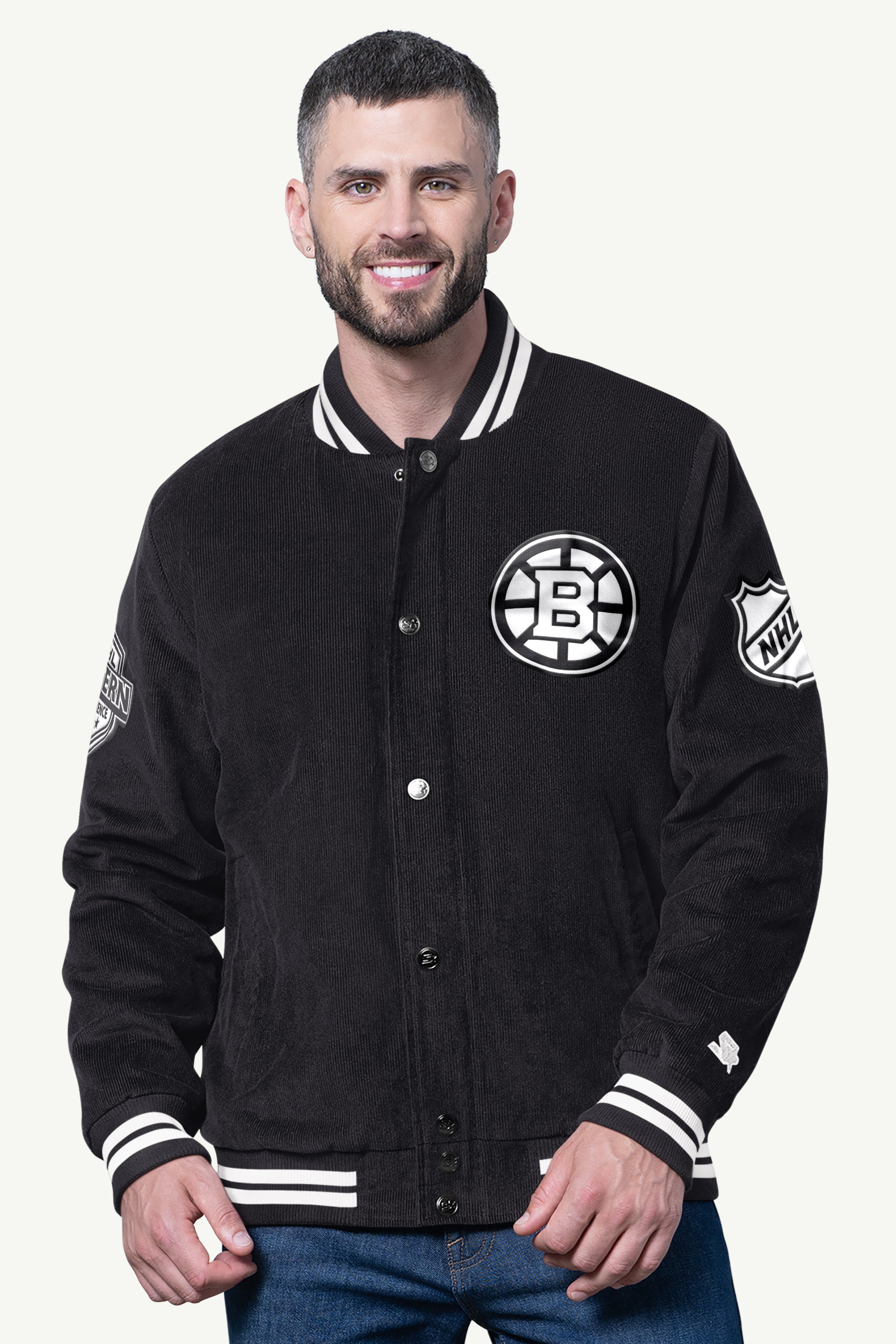 MENS BOSTON BRUINS BLACKOUT CORDUROY VARSITY JACKET View 1 | Boston Bruins
