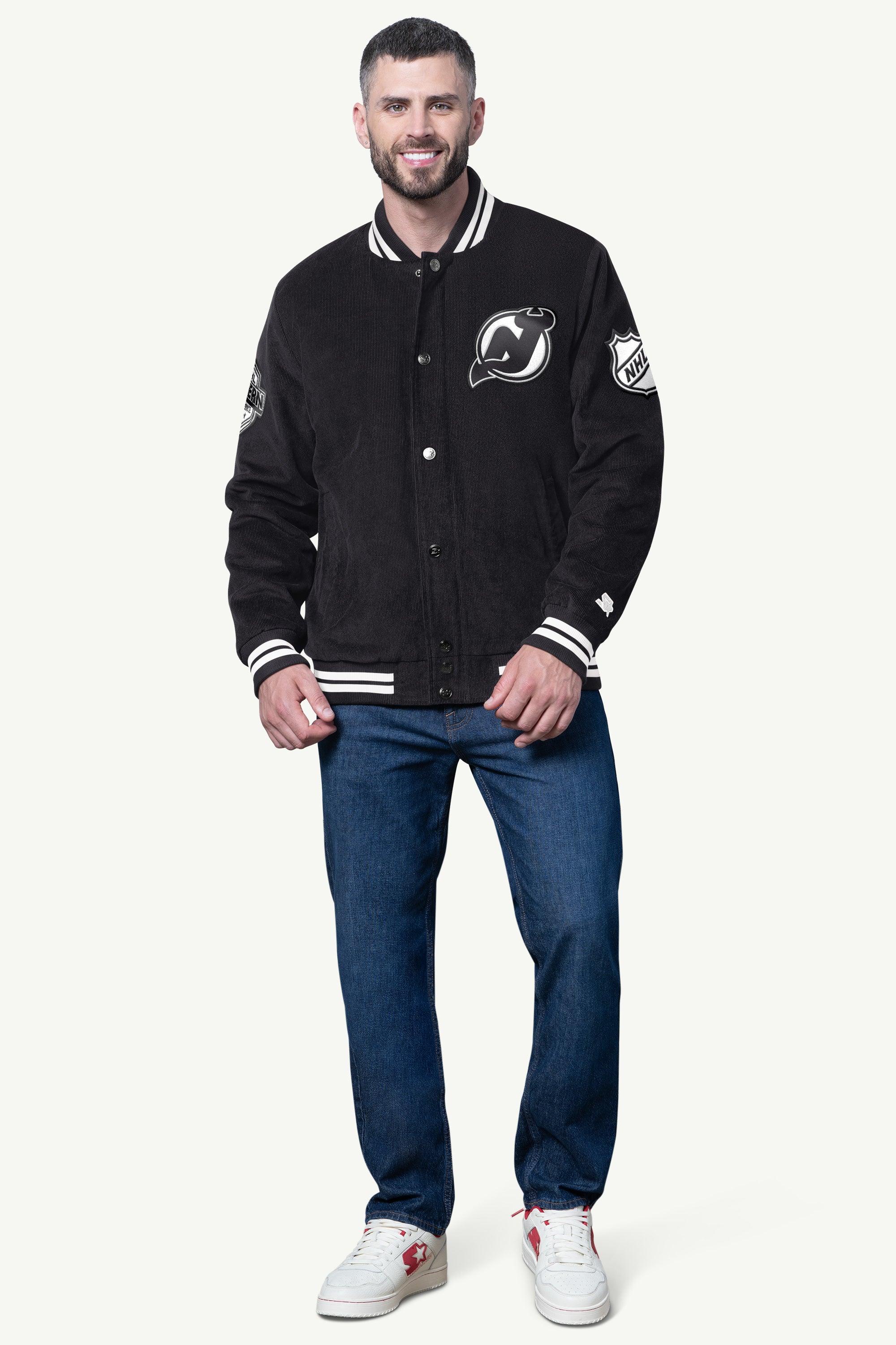 MENS NEW JERSEY DEVILS BLACKOUT CORDUROY VARSITY JACKET View 3 | New Jersey Devils