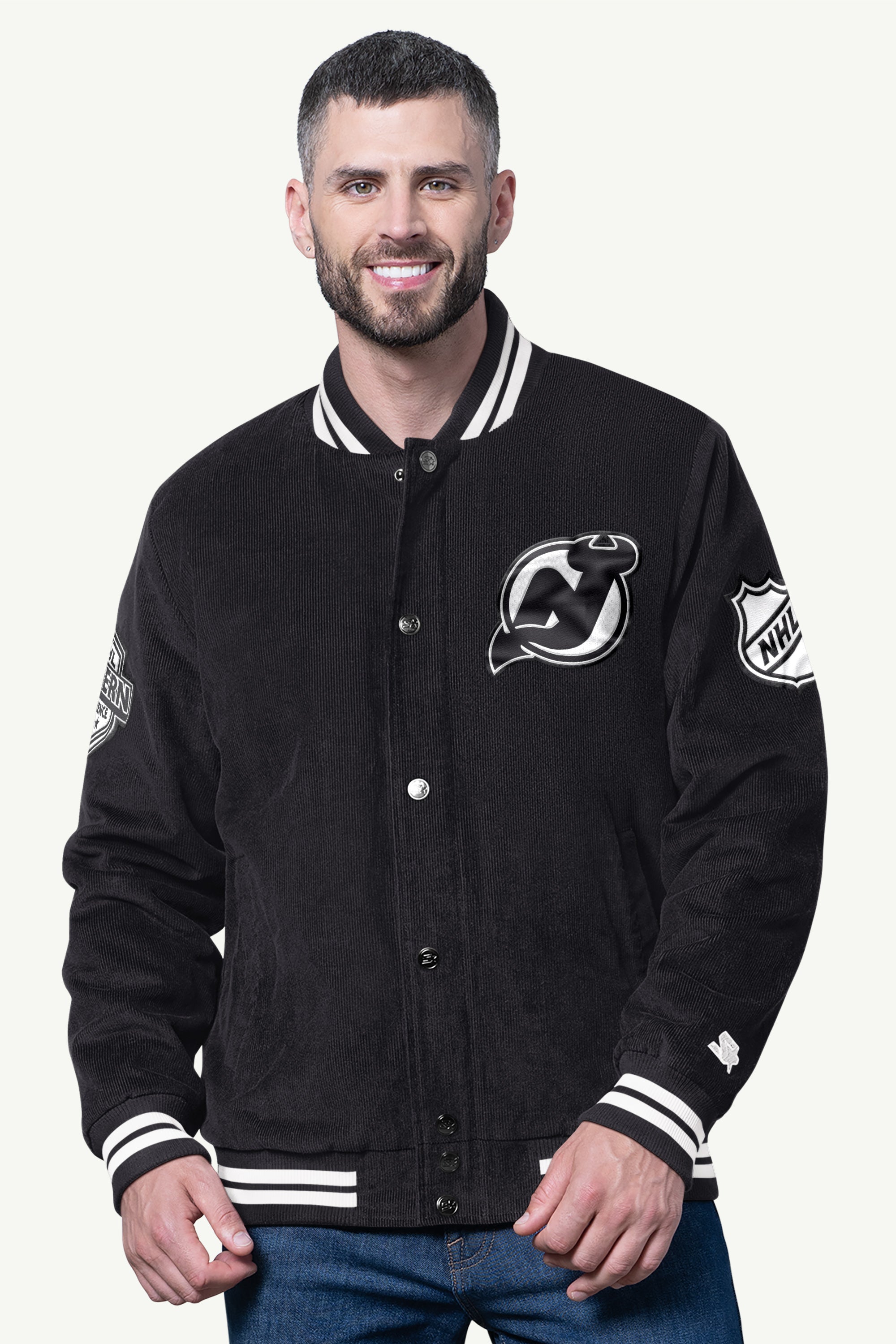 MENS NEW JERSEY DEVILS BLACKOUT CORDUROY VARSITY JACKET View 1 | New Jersey Devils