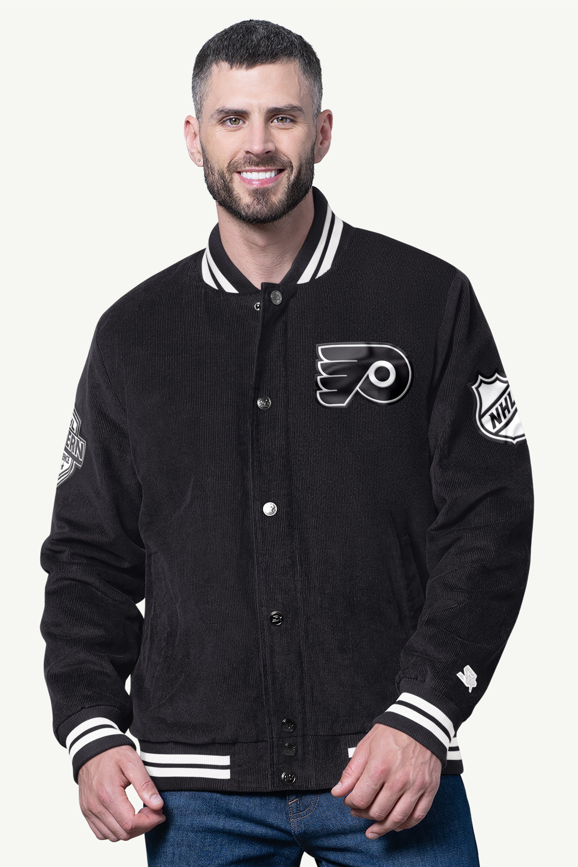 MENS PHILADELPHIA FLYERS BLACKOUT CORDUROY VARSITY JACKET View 1 | NHL
