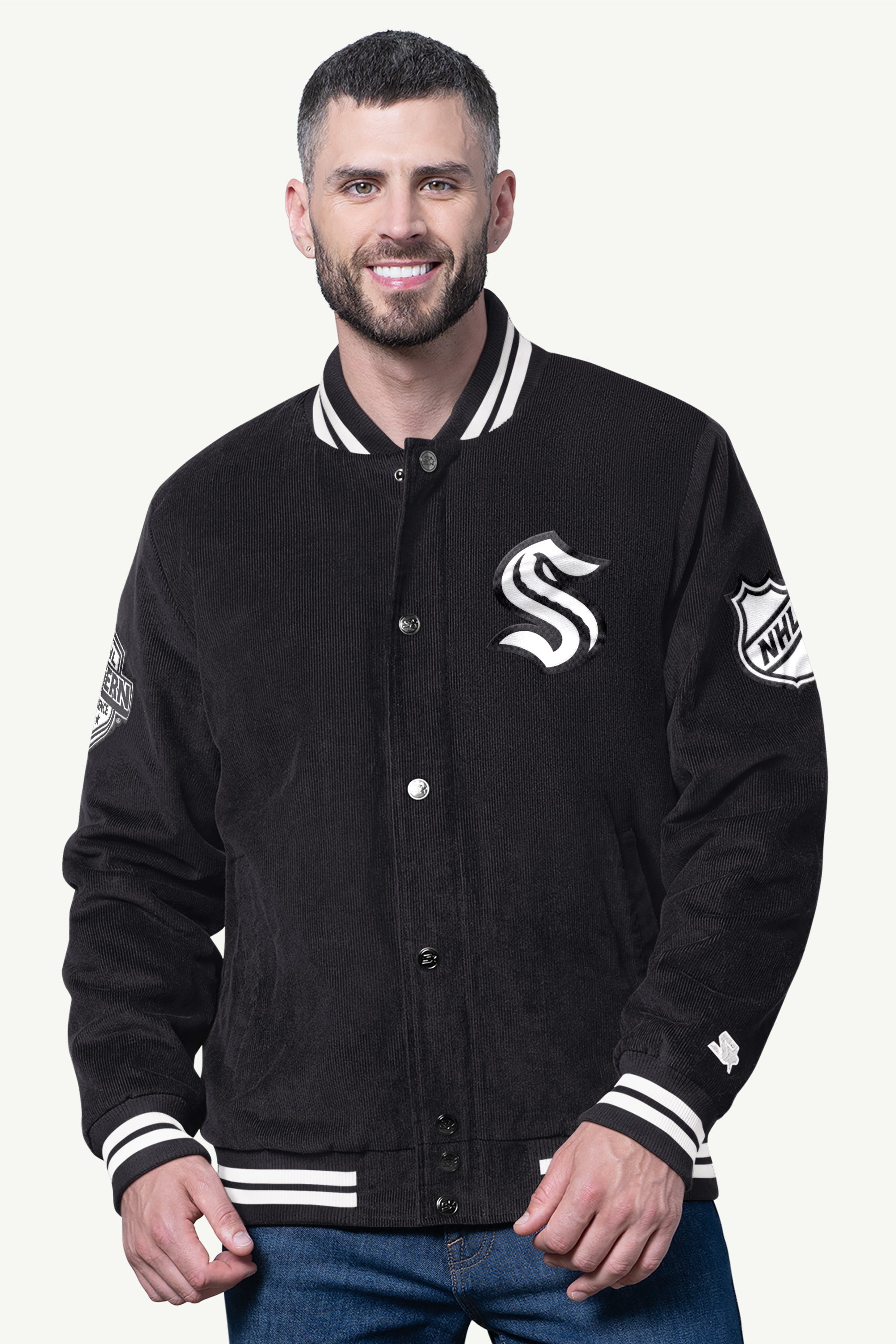 MENS SEATTLE KRAKEN BLACKOUT CORDUROY VARSITY JACKET View 1