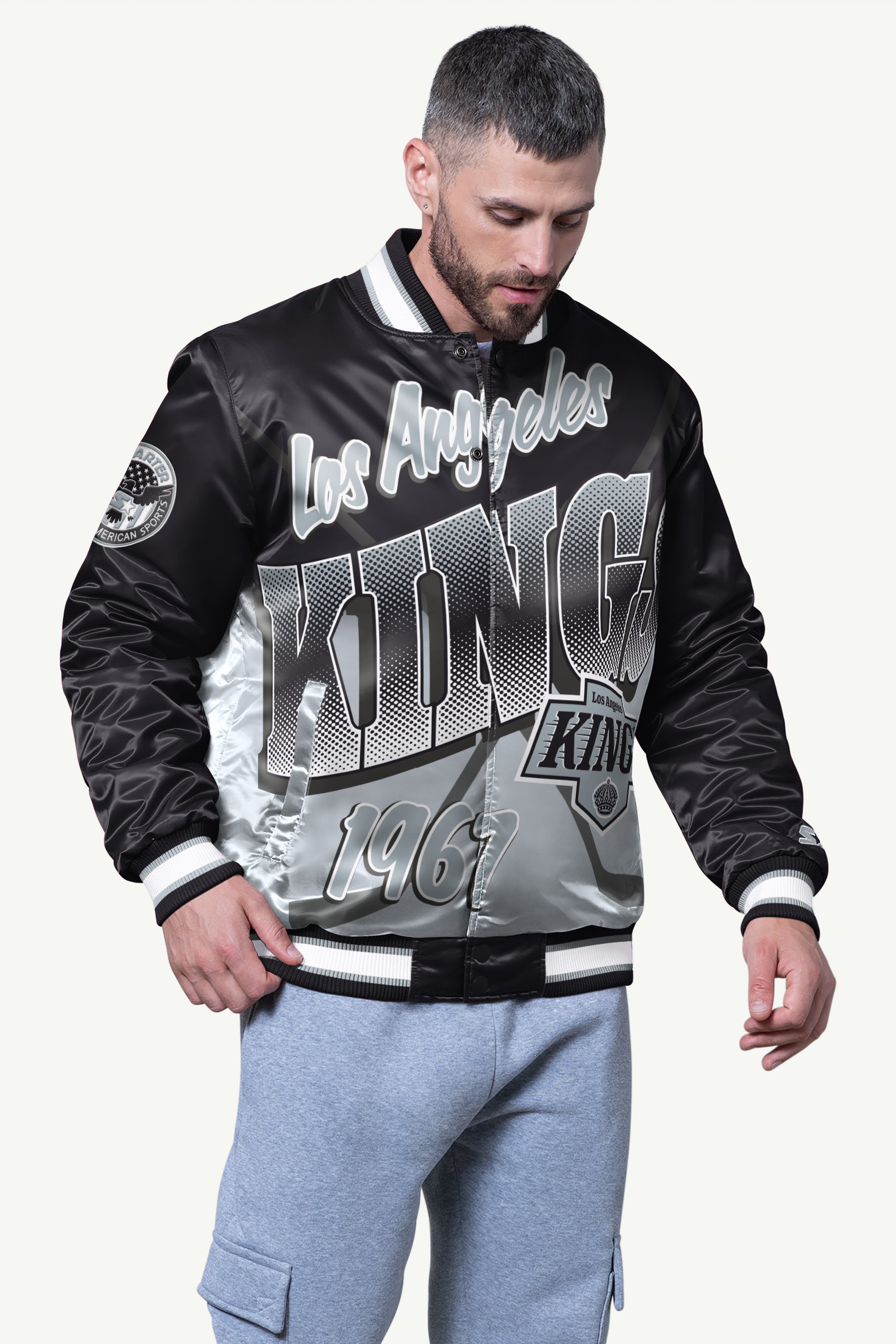 MENS LOS ANGELES KINGS PASS RUSH SATIN VARSITY JACKET View 1 | Los Angeles Kings