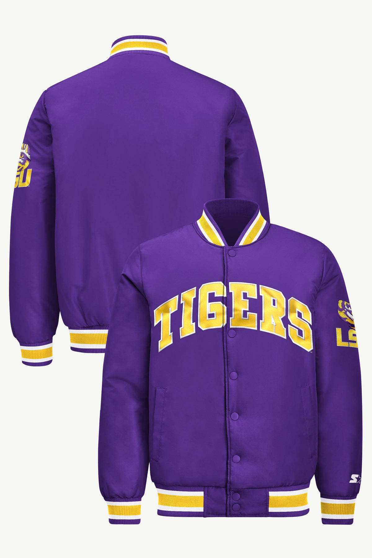 MENS LOUISIANA STATE TIGERS ACROSS SATIN VARSITY JACKET View 1 | Men's Starter Jackets