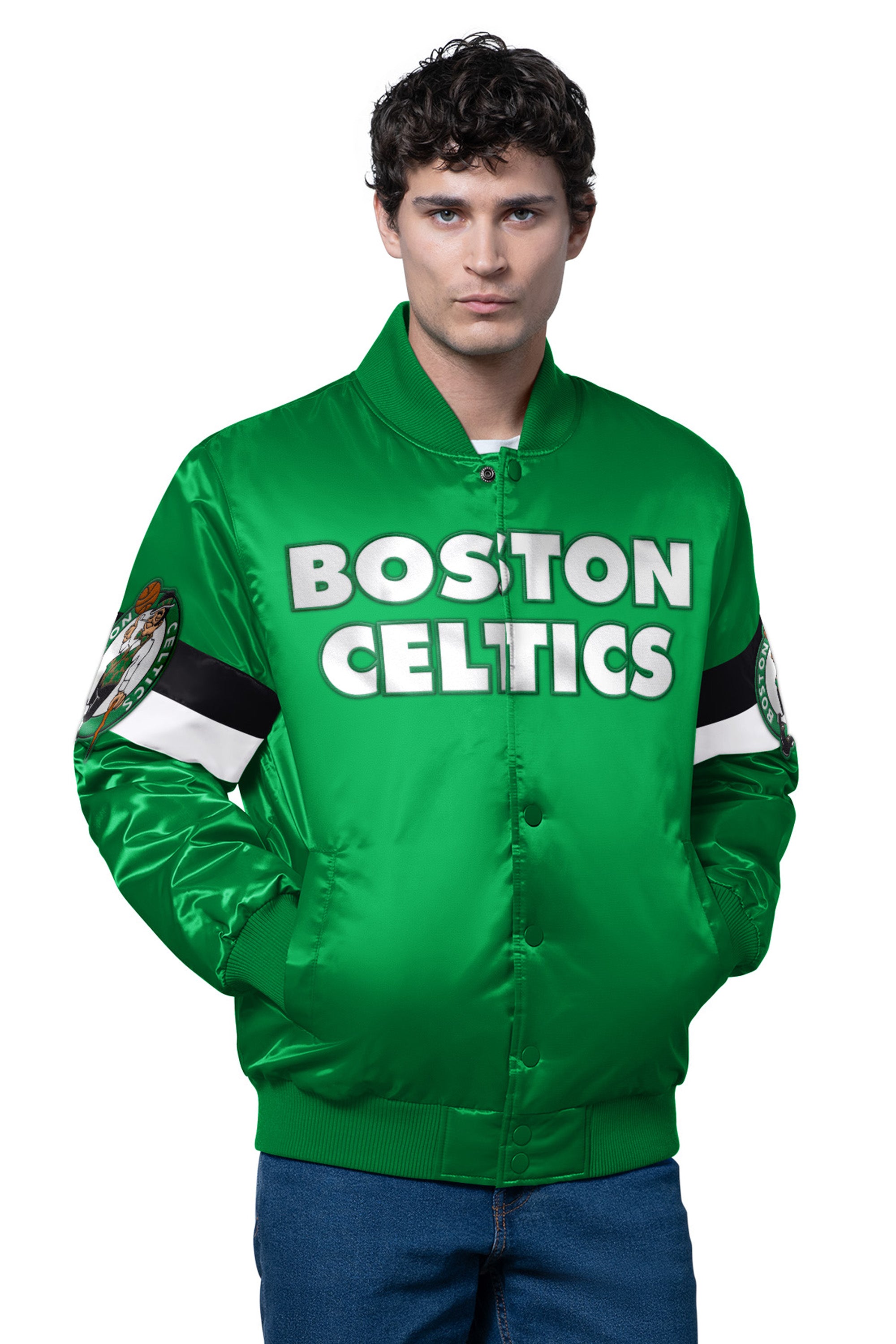 MENS BOSTON CELTICS TRIPLE OPTION SATIN VARSITY JACKET View 1