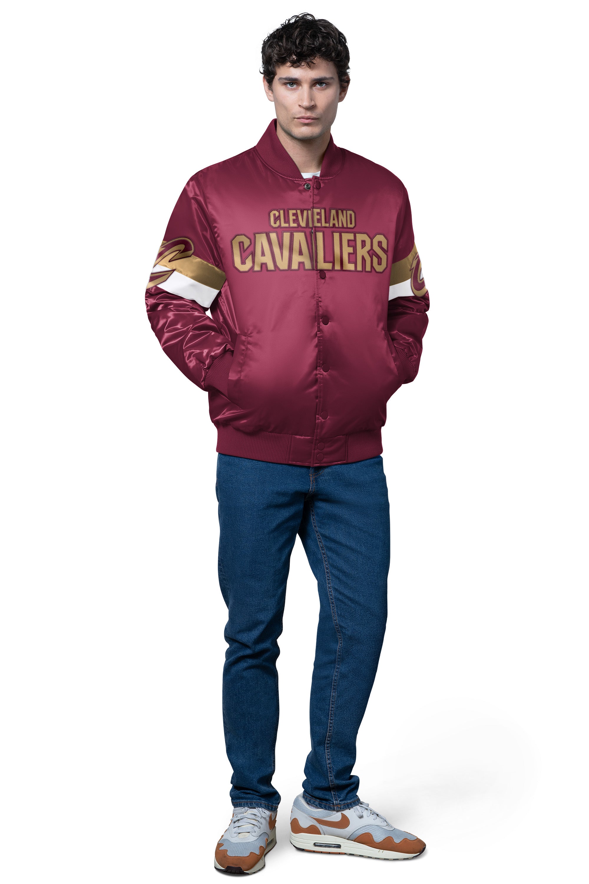 MENS CLEVELAND CAVALIERS TRIPLE OPTION SATIN VARSITY JACKET View 3 | NBA
