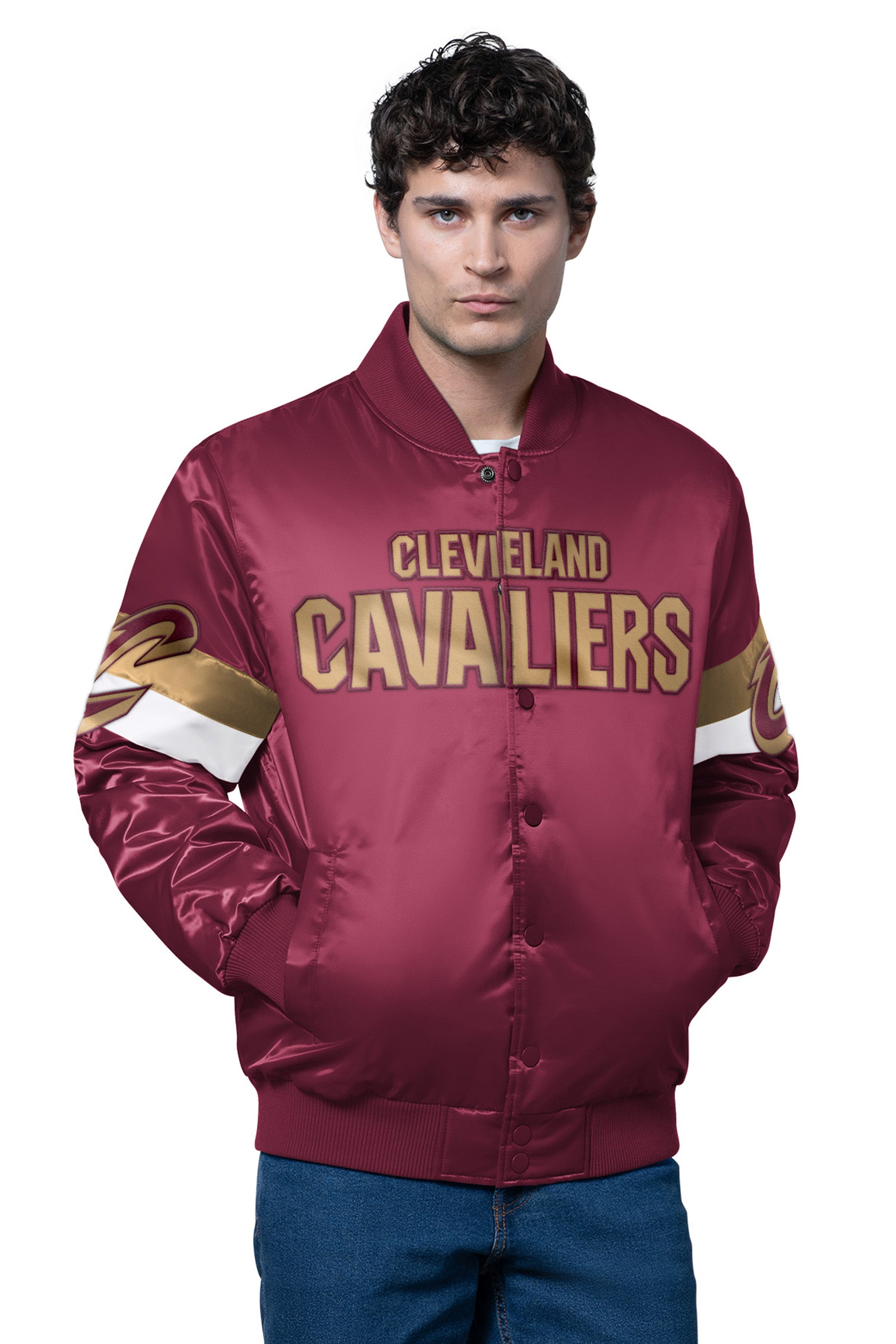 MENS CLEVELAND CAVALIERS TRIPLE OPTION SATIN VARSITY JACKET View 1 | NBA