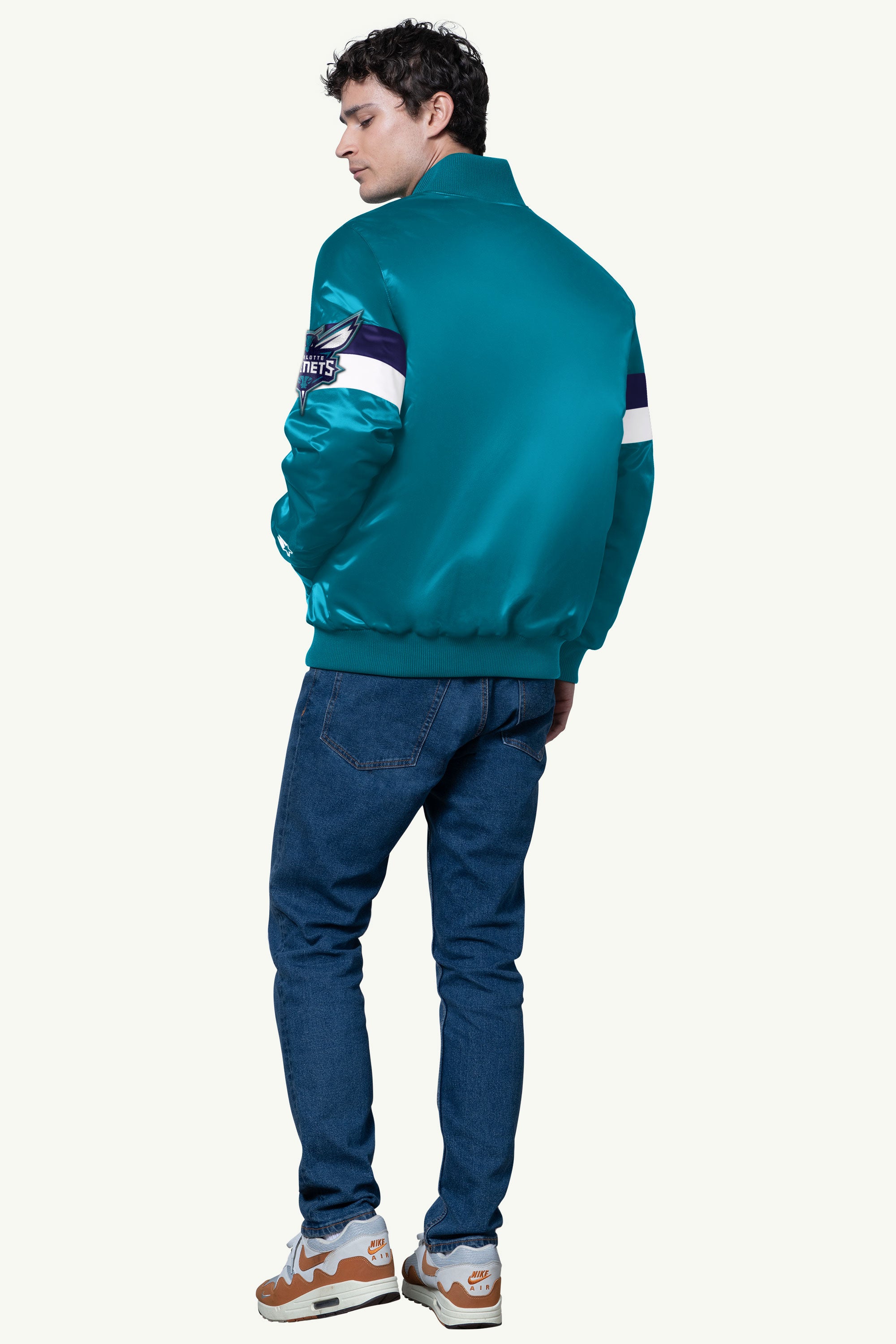 MENS CHARLOTTE HORNETS TRIPLE OPTION SATIN VARSITY JACKET View 3 | NBA