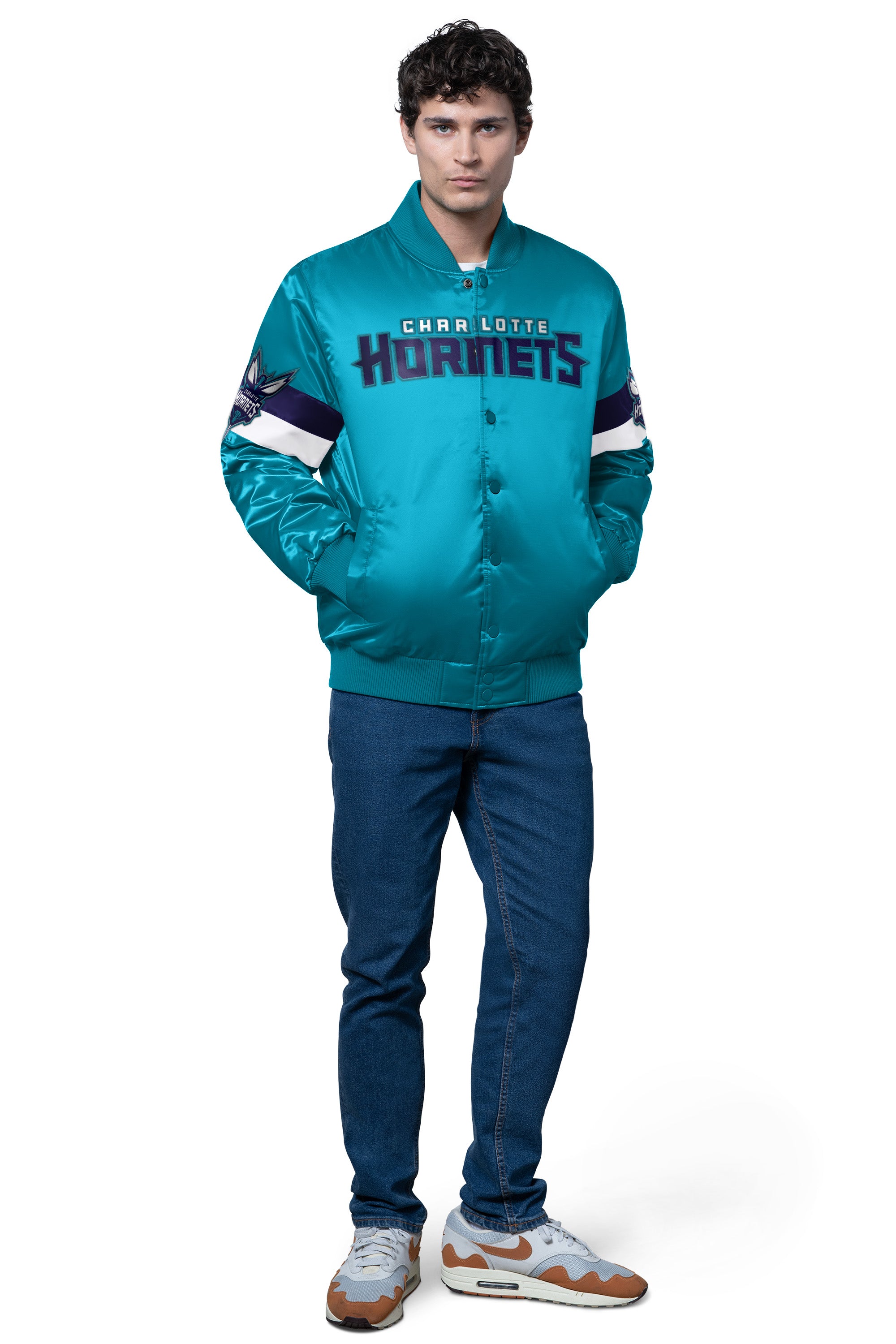 MENS CHARLOTTE HORNETS TRIPLE OPTION SATIN VARSITY JACKET View 2 | NBA
