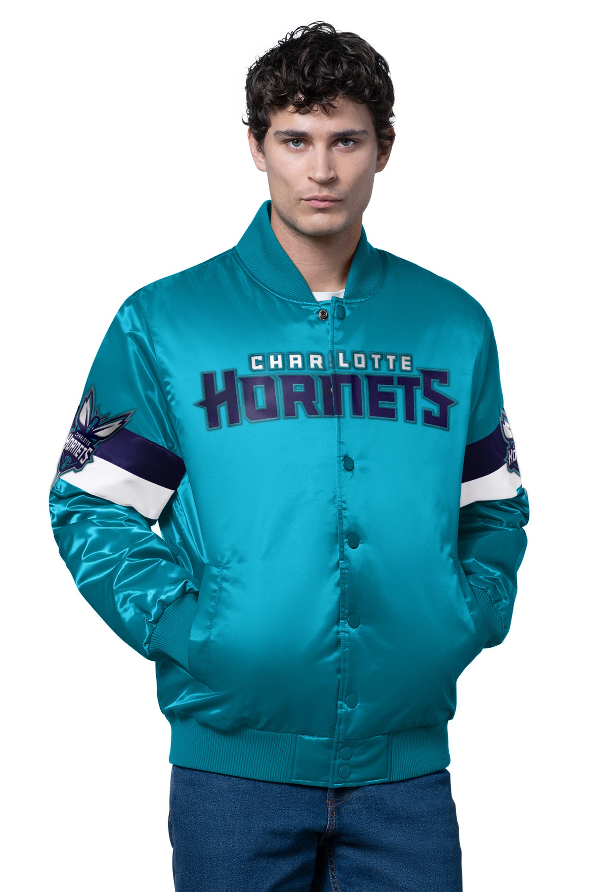 MENS CHARLOTTE HORNETS TRIPLE OPTION SATIN VARSITY JACKET View 1 | NBA