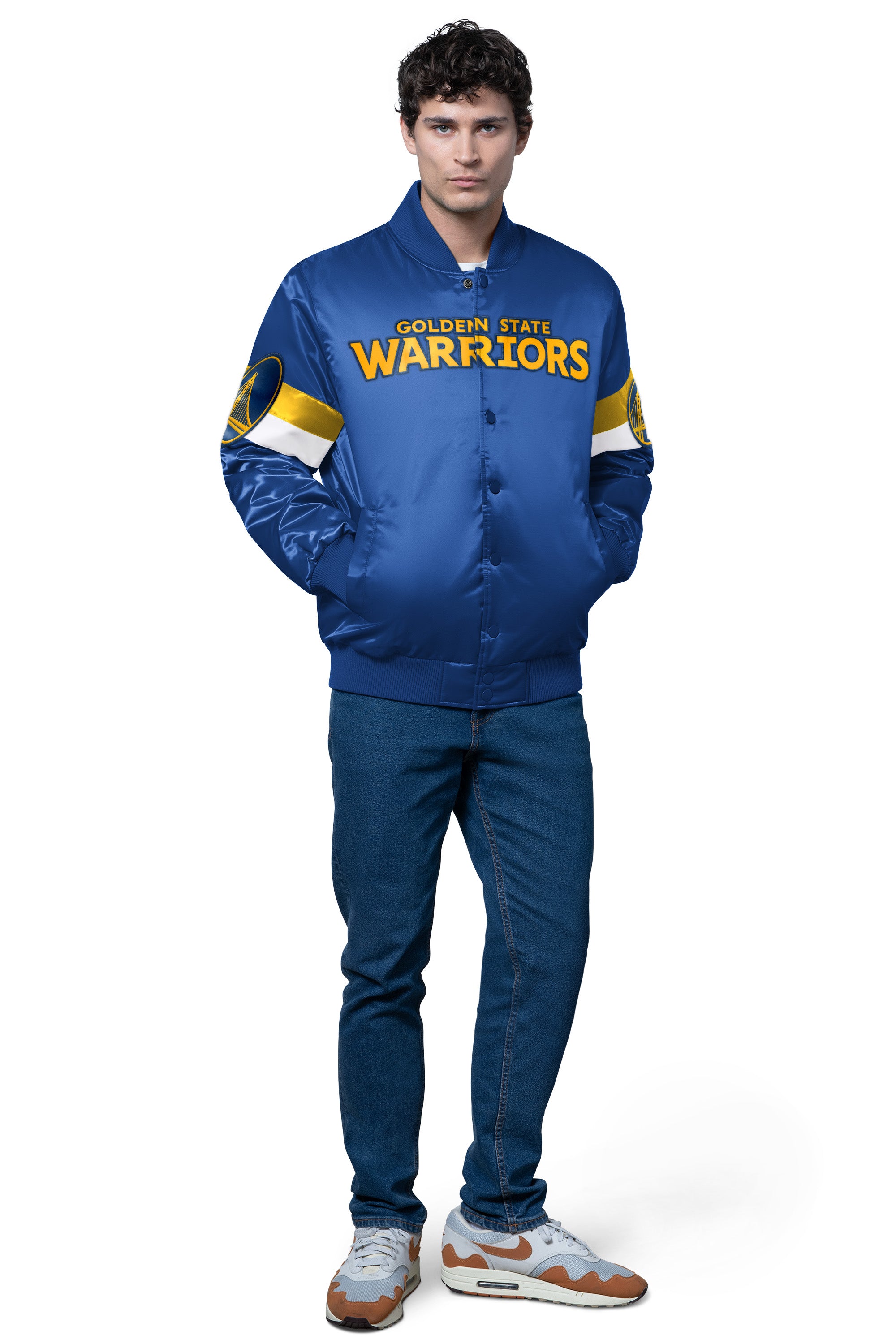 MENS GOLDEN STATE WARRIORS TRIPLE OPTION SATIN VARSITY JACKET View 2 | NBA