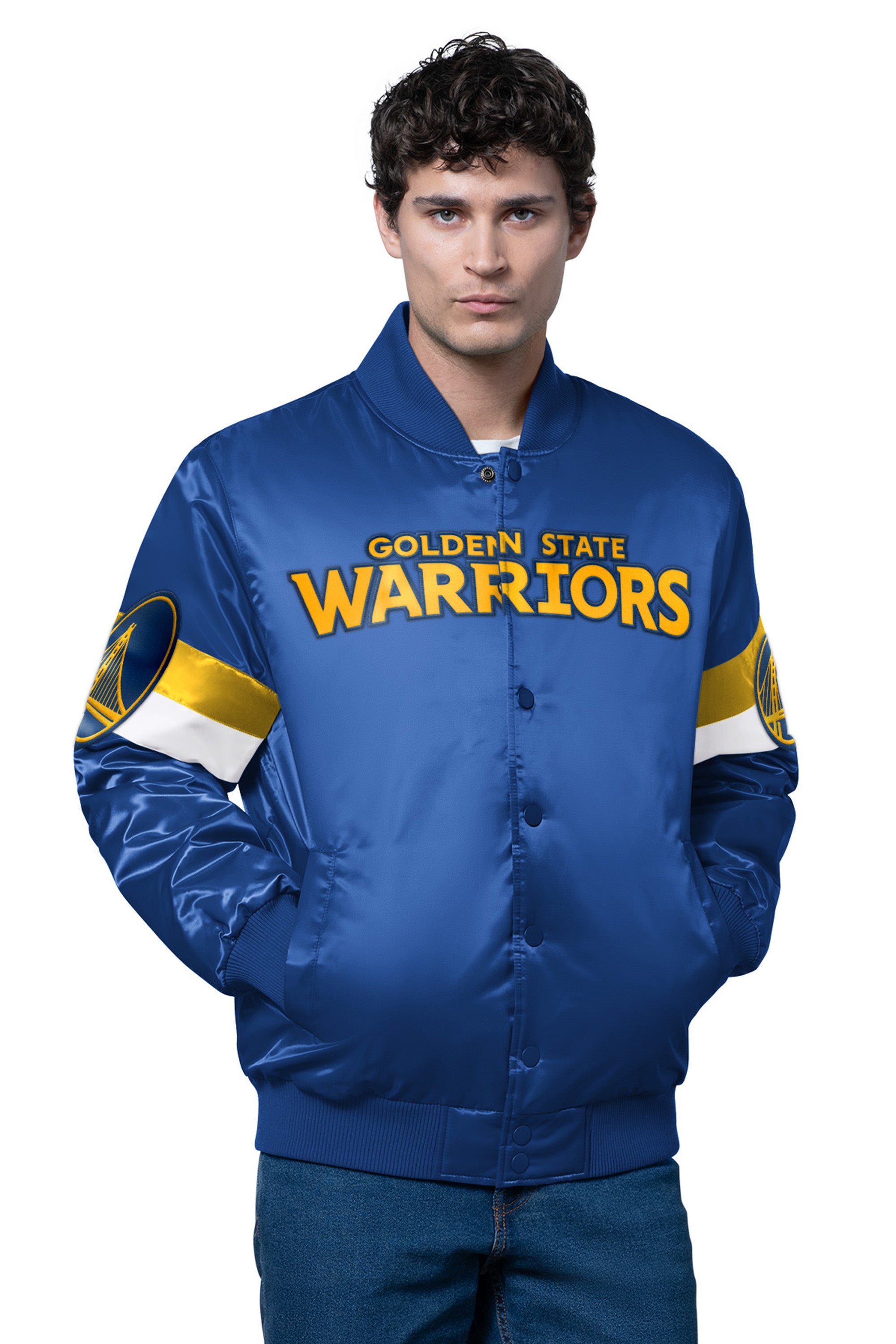 MENS GOLDEN STATE WARRIORS TRIPLE OPTION SATIN VARSITY JACKET View 1 | NBA