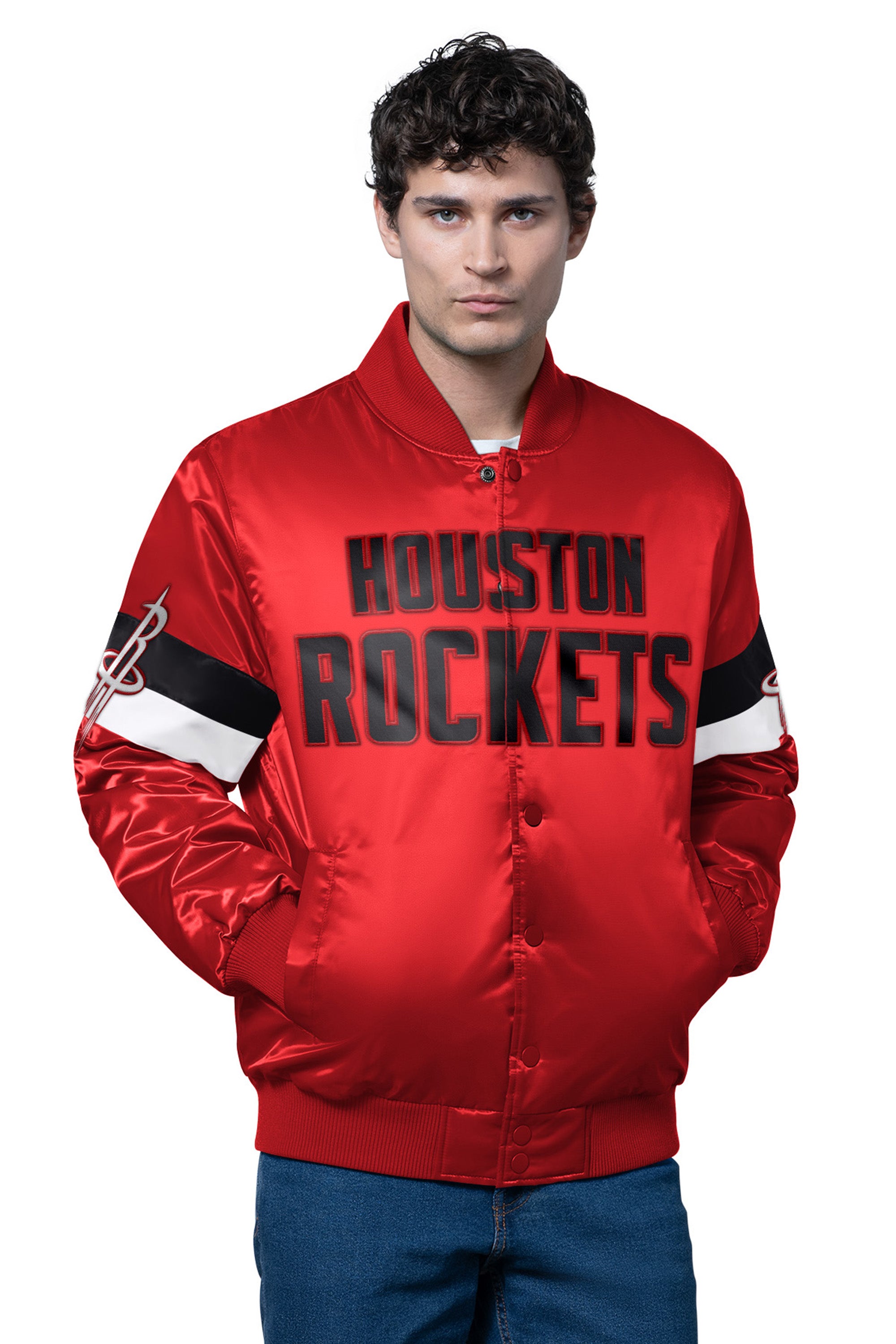 MENS HOUSTON ROCKETS TRIPLE OPTION SATIN VARSITY JACKET View 1 | NBA