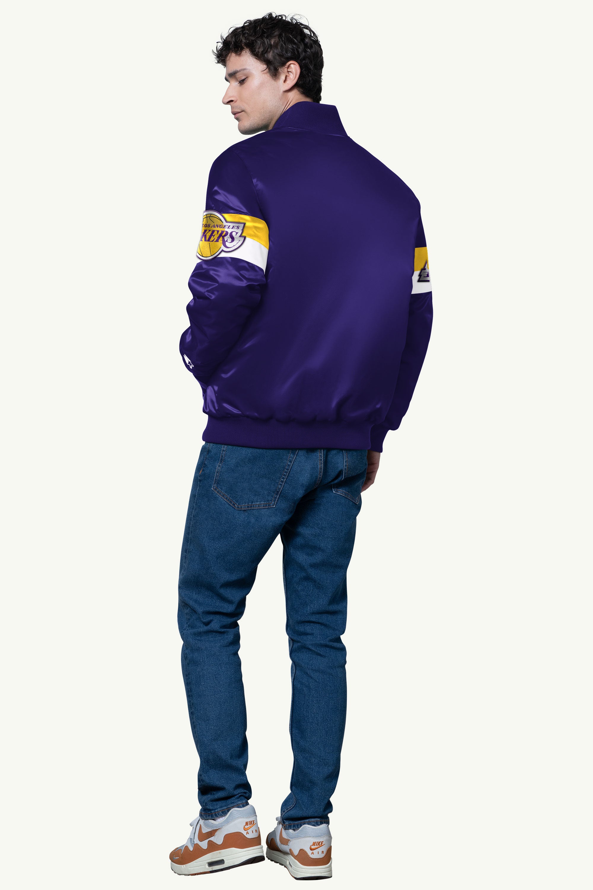 MENS LA LAKERS TRIPLE OPTION SATIN VARSITY JACKET View 2 | Los Angeles Lakers