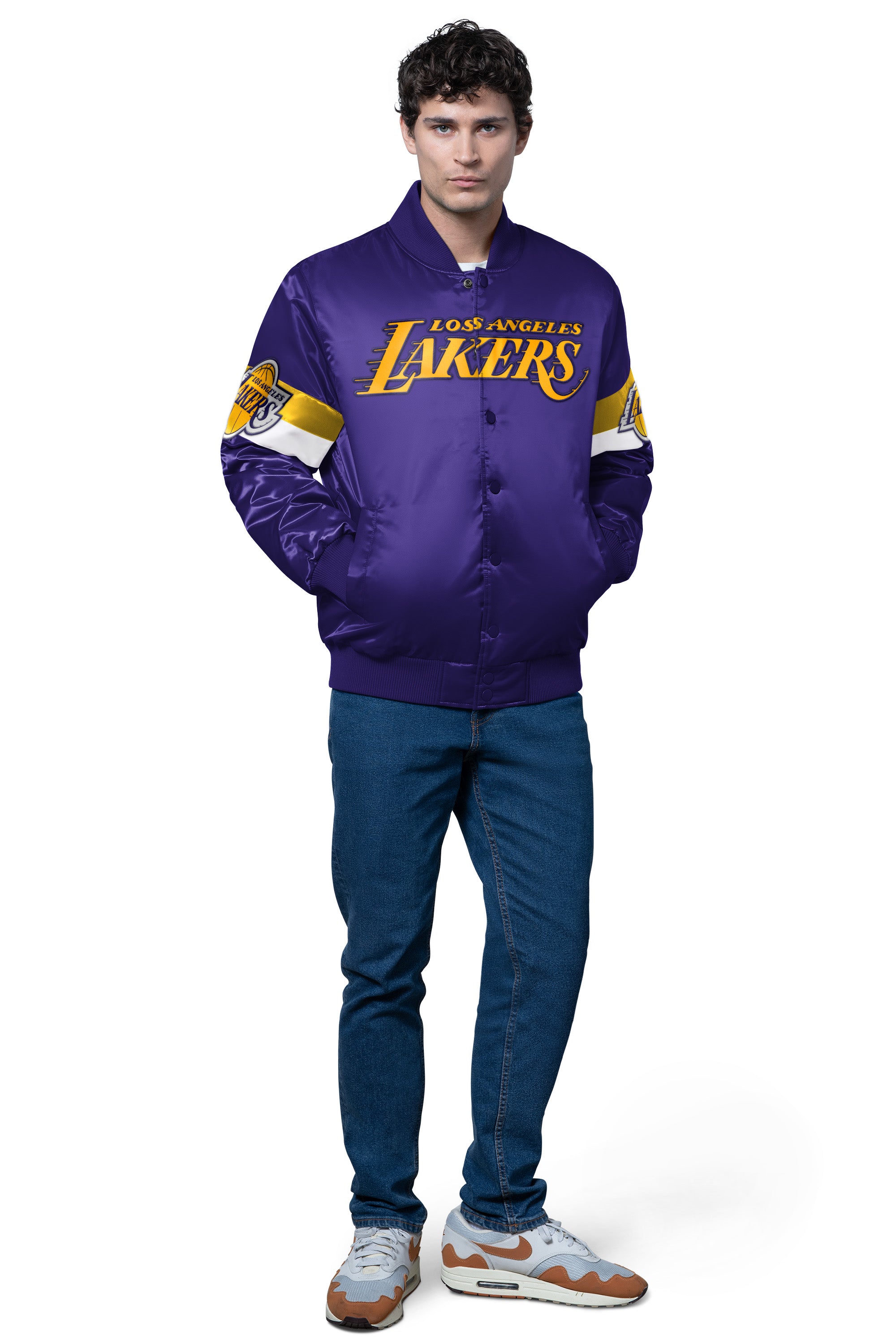 MENS LA LAKERS TRIPLE OPTION SATIN VARSITY JACKET View 3 | Los Angeles Lakers