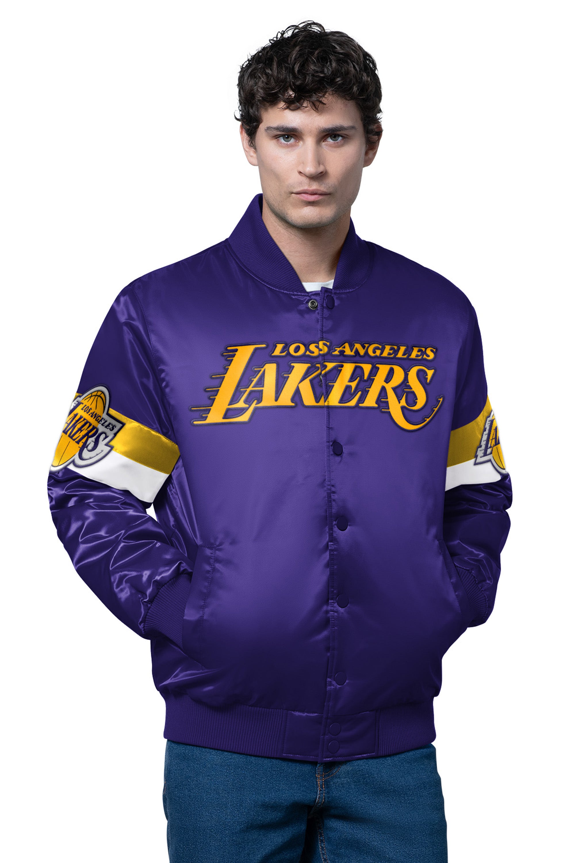 MENS LA LAKERS TRIPLE OPTION SATIN VARSITY JACKET View 1 | Los Angeles Lakers