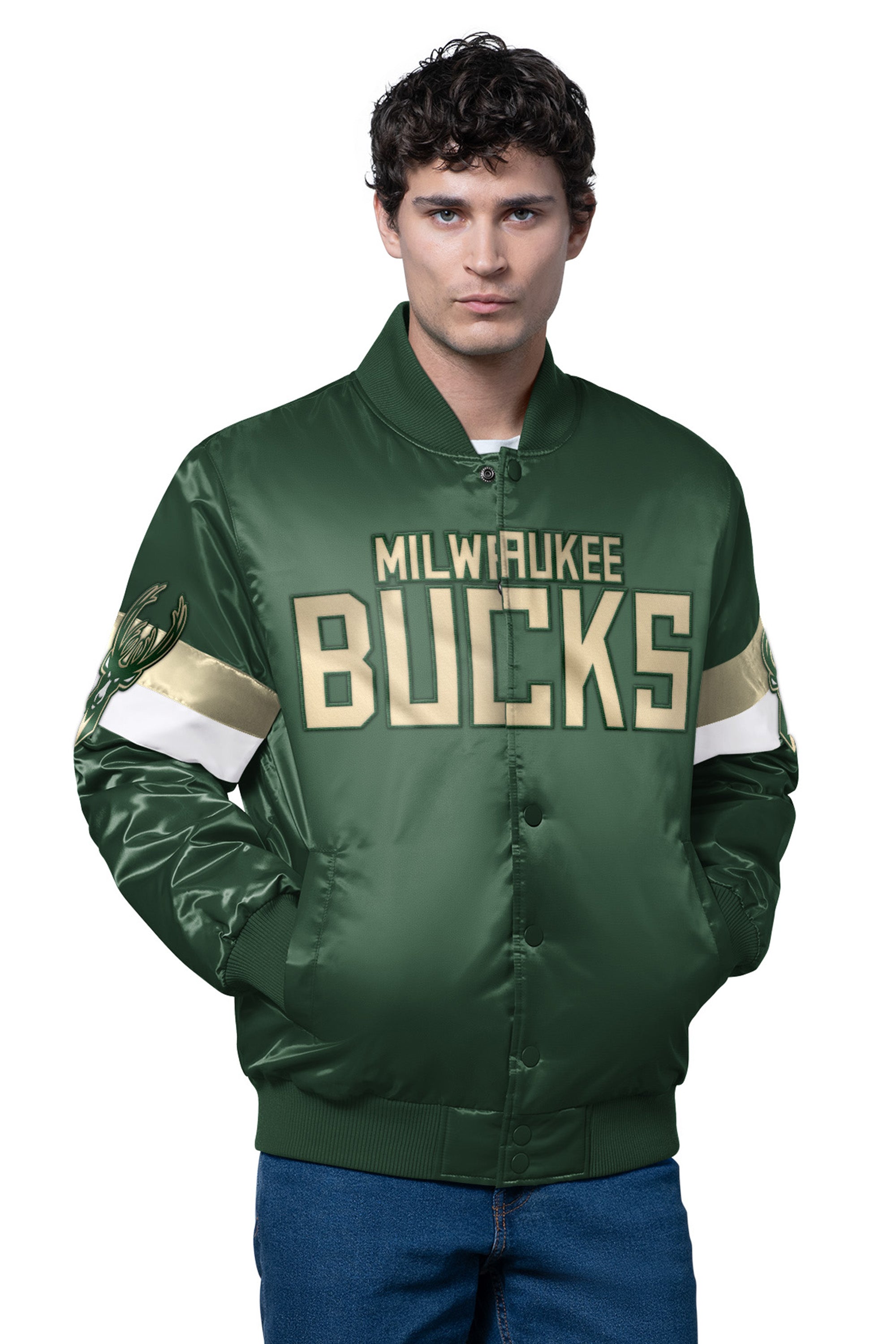 MENS MILWAUKEE BUCKS TRIPLE OPTION SATIN VARSITY JACKET View 1 | NBA