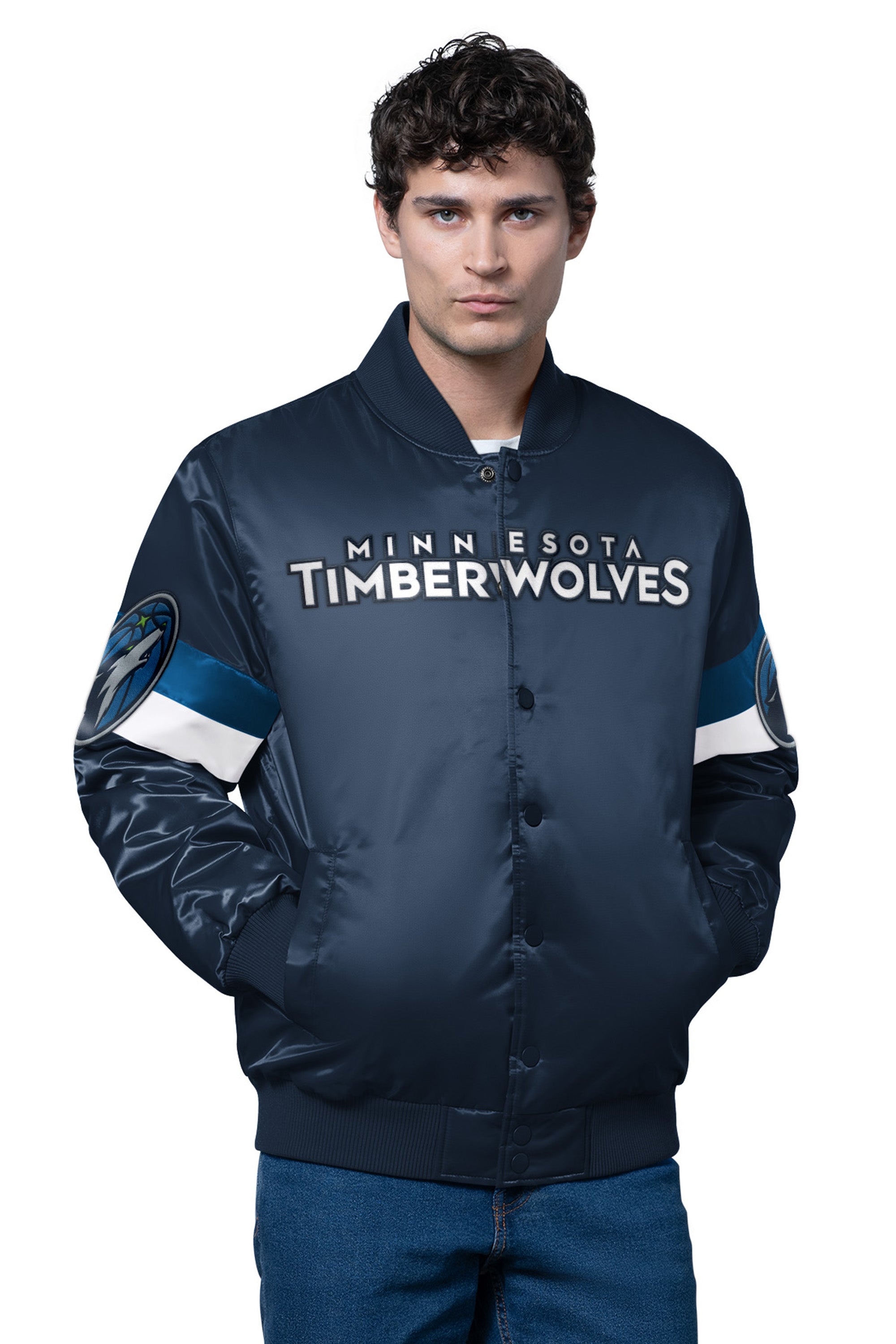 MENS MINNESOTA TIMBERWOLVES TRIPLE OPTION SATIN VARSITY JACKET View 1 | NBA