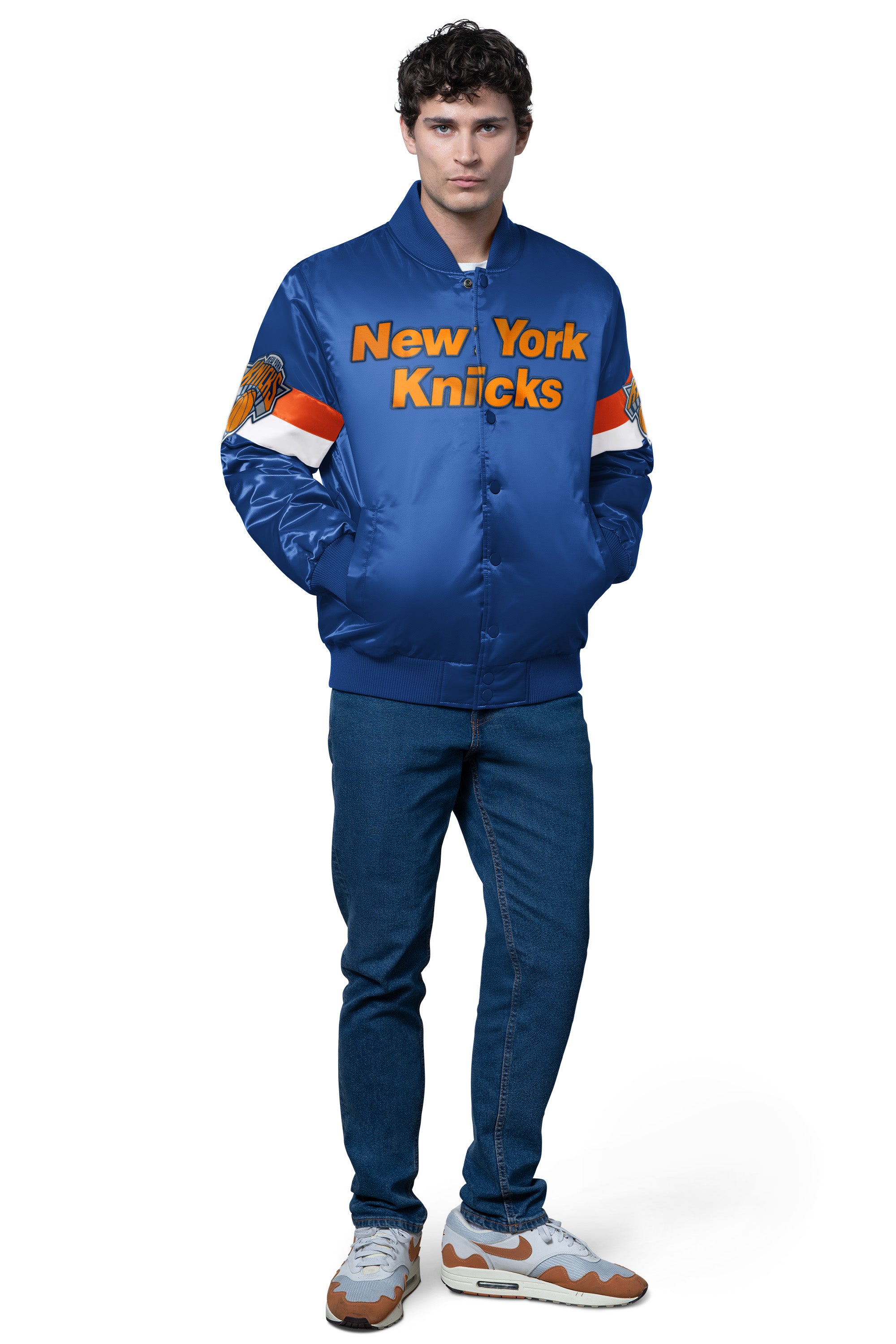MENS NEW YORK KNICKS TRIPLE OPTION SATIN VARSITY JACKET View 3 | New York Knicks