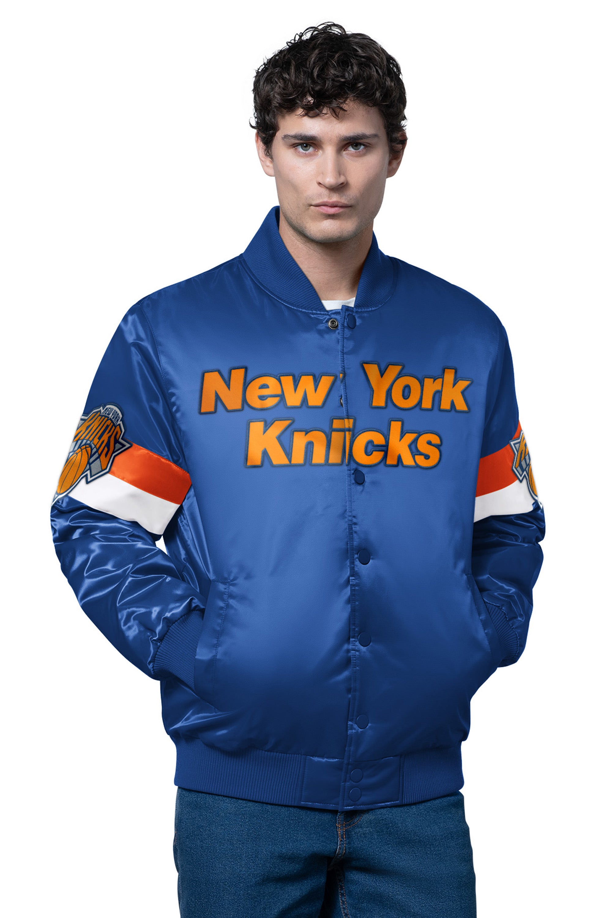 MENS NEW YORK KNICKS TRIPLE OPTION SATIN VARSITY JACKET View 1 | New York Knicks