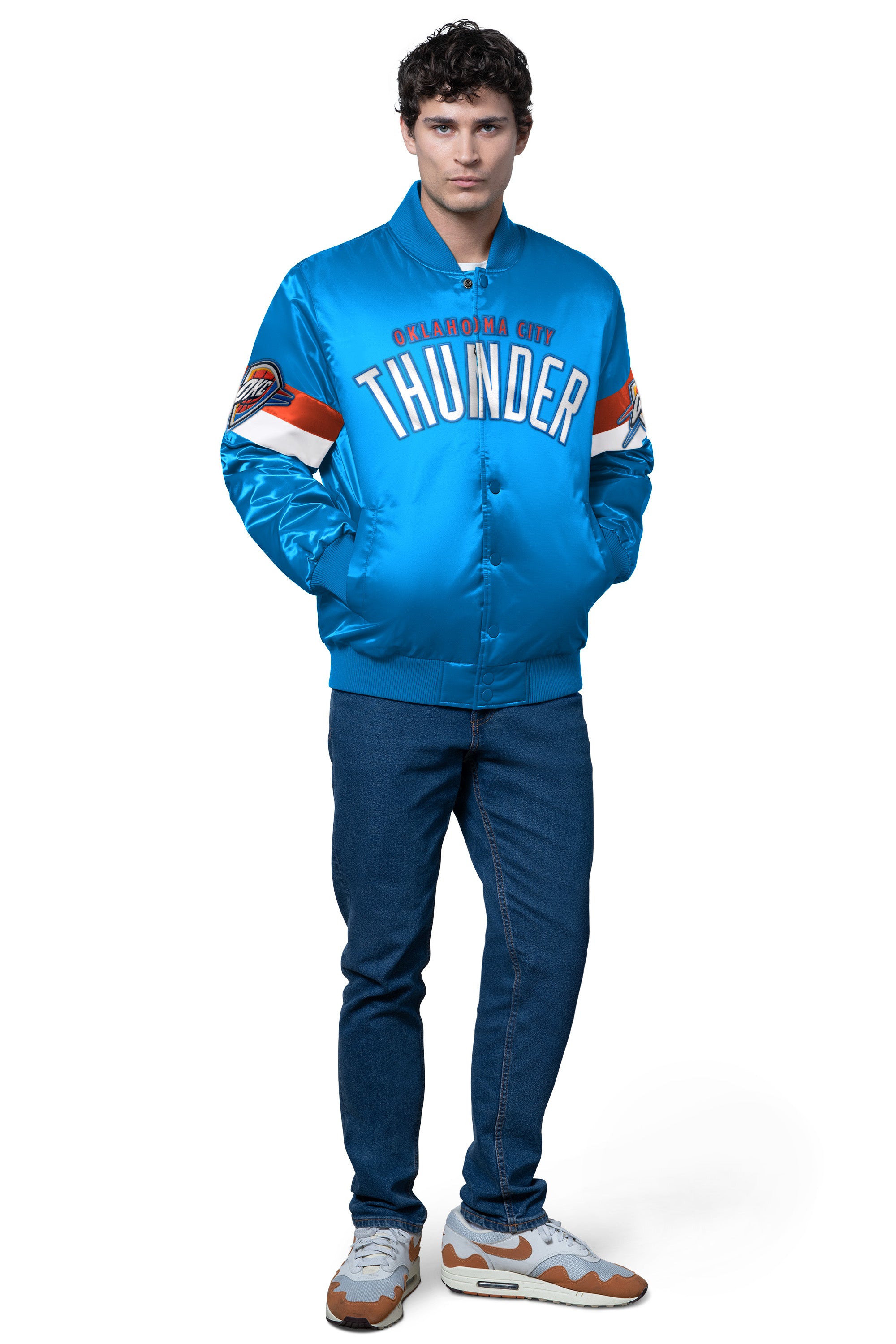MENS OKLAHOMA CITY THUNDER TRIPLE OPTION SATIN VARSITY JACKET View 3 | NBA