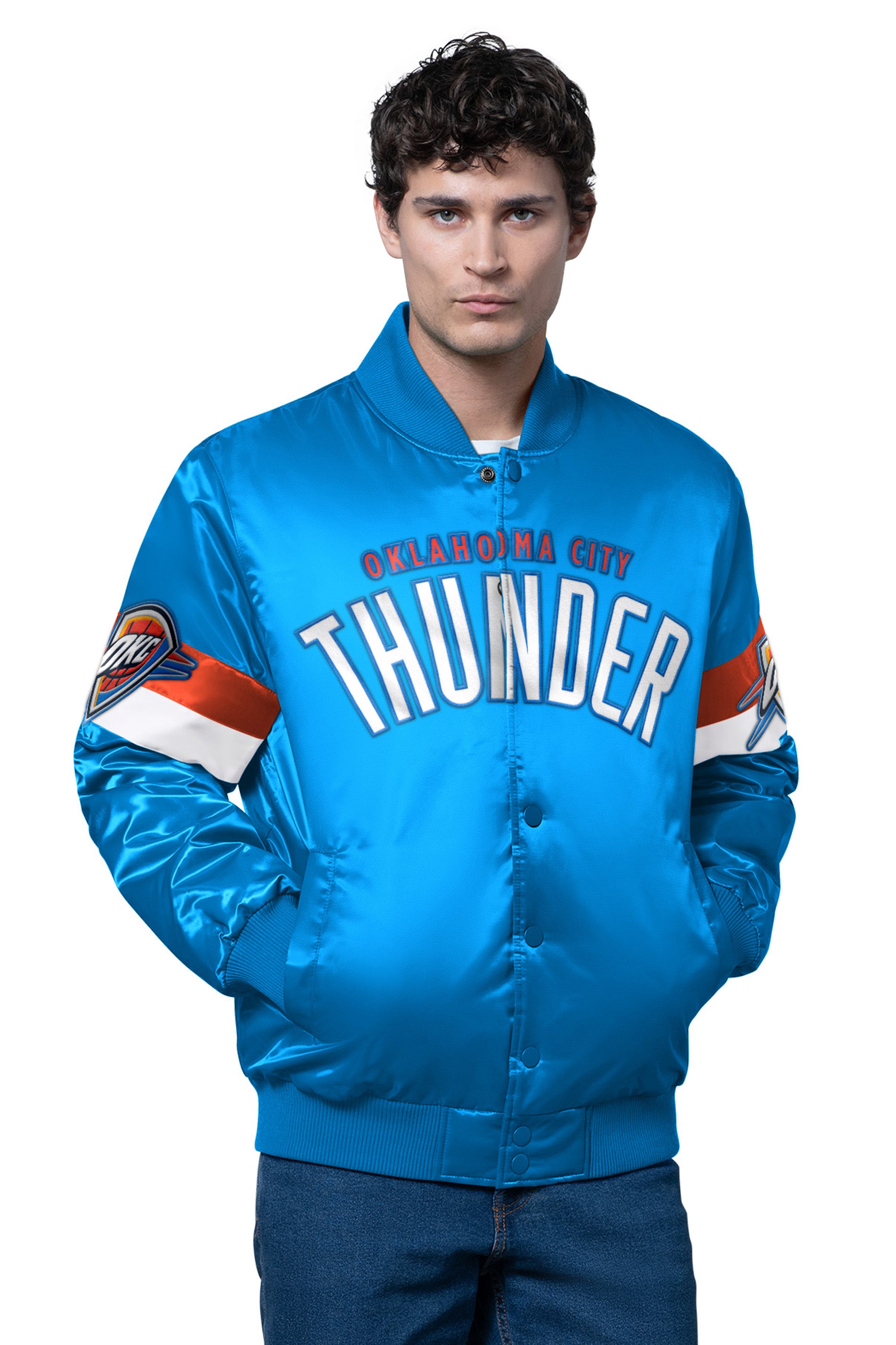 MENS OKLAHOMA CITY THUNDER TRIPLE OPTION SATIN VARSITY JACKET View 1 | NBA