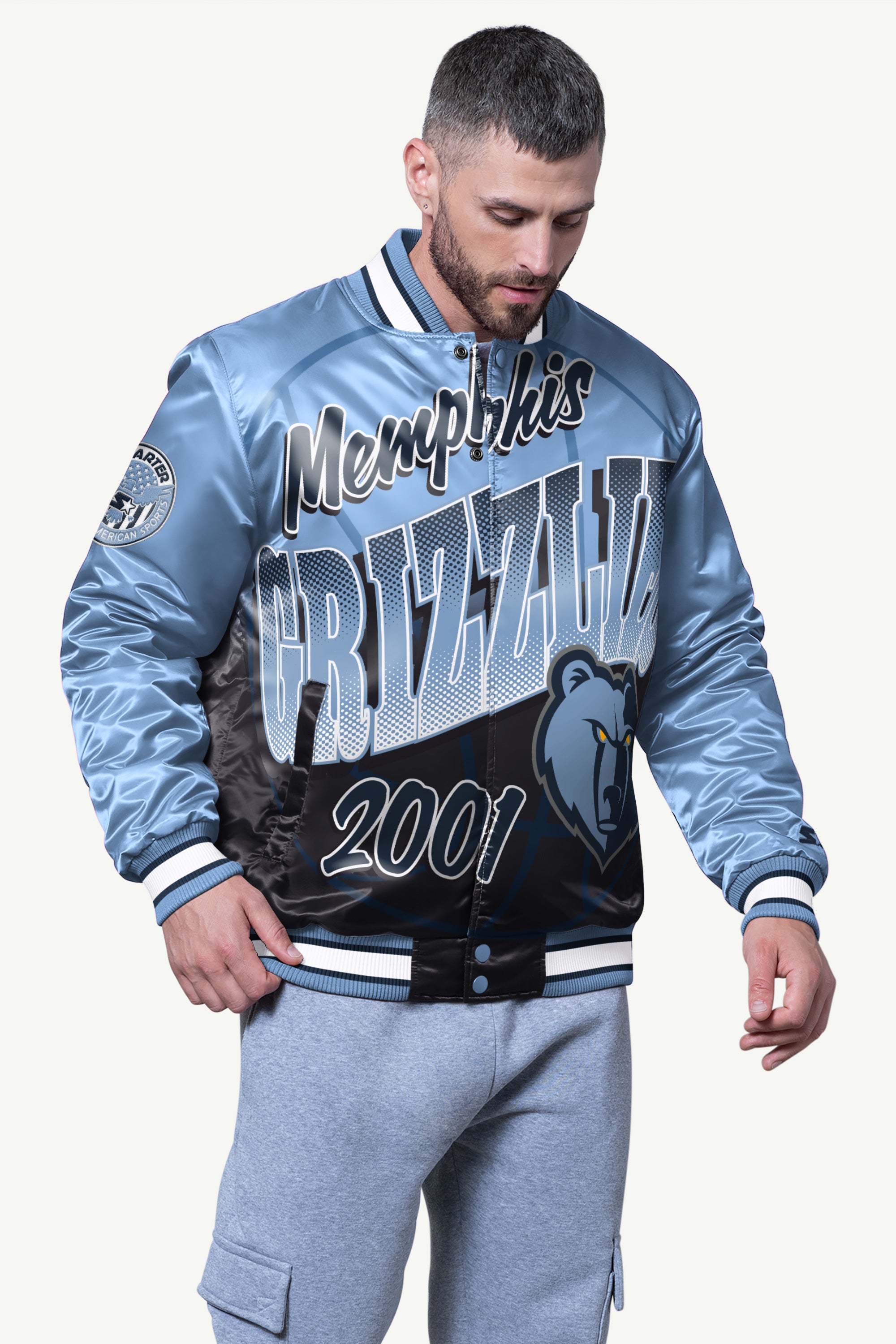 MENS MEMPHIS GRIZZLIES PASS RUSH SATIN VARSITY JACKET View 1 | Men's Jackets