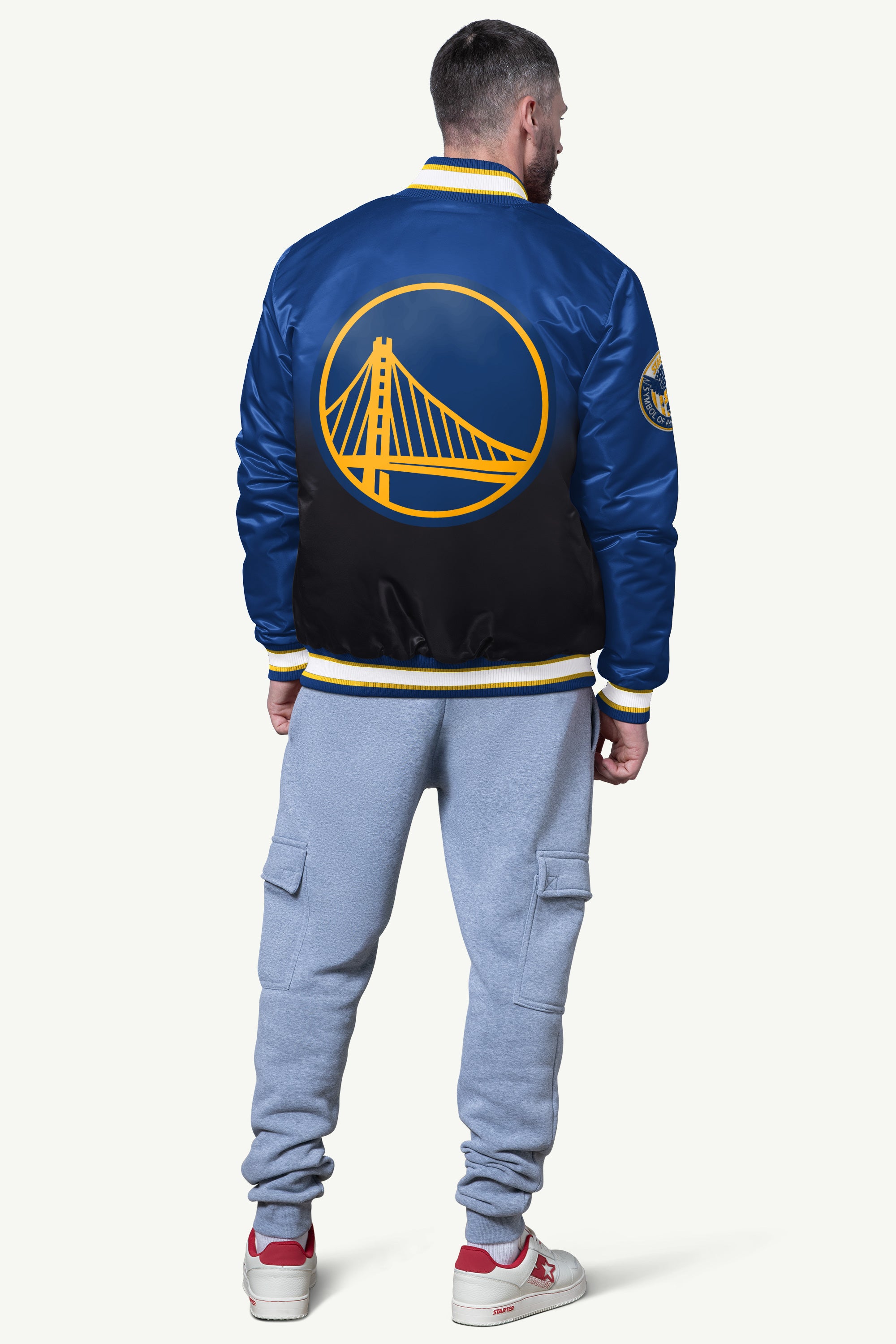 MENS GOLDEN STATE WARRIORS PASS RUSH SATIN VARSITY JACKET View 2 | Starter Jackets