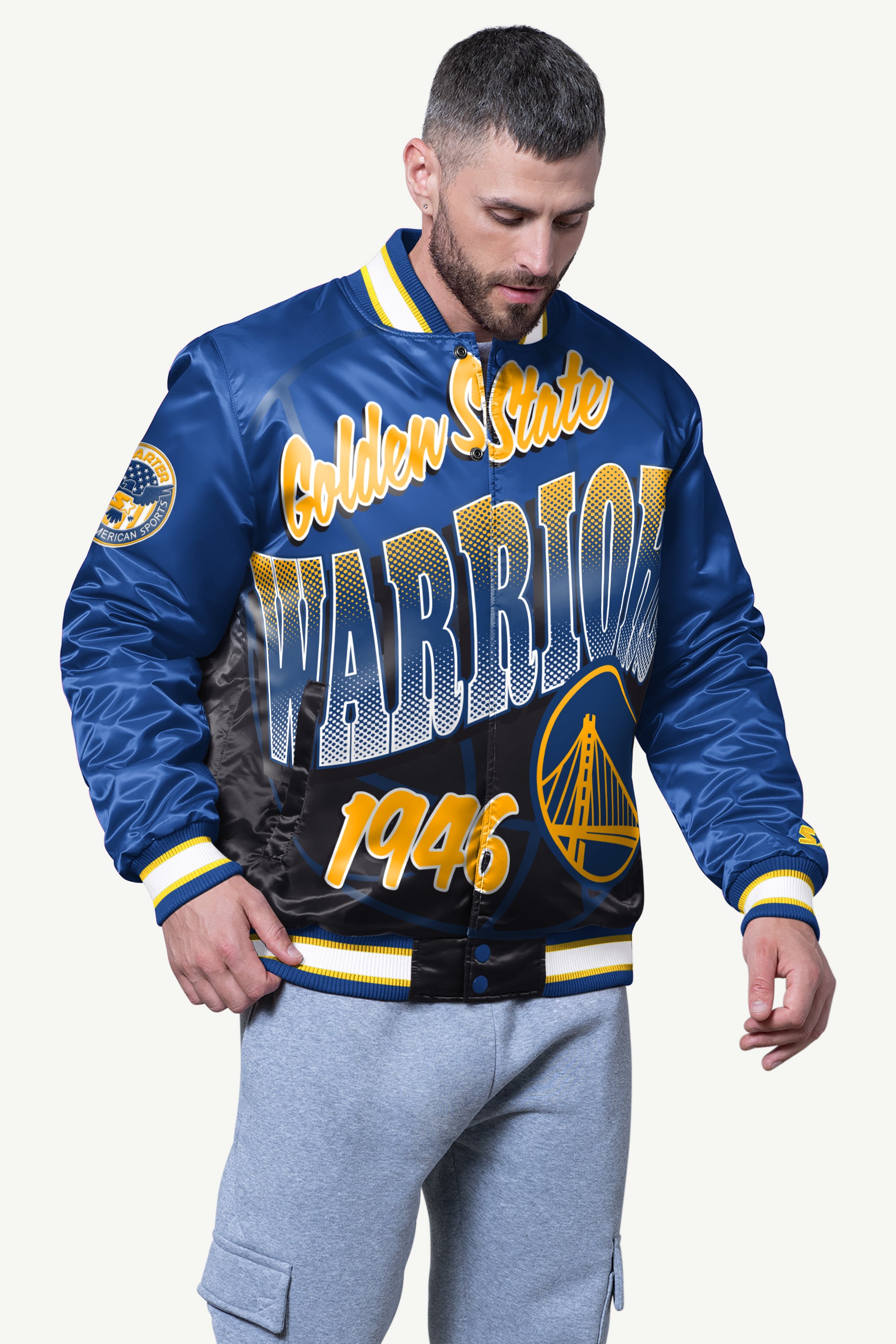 MENS GOLDEN STATE WARRIORS PASS RUSH SATIN VARSITY JACKET View 1 | Starter Jackets