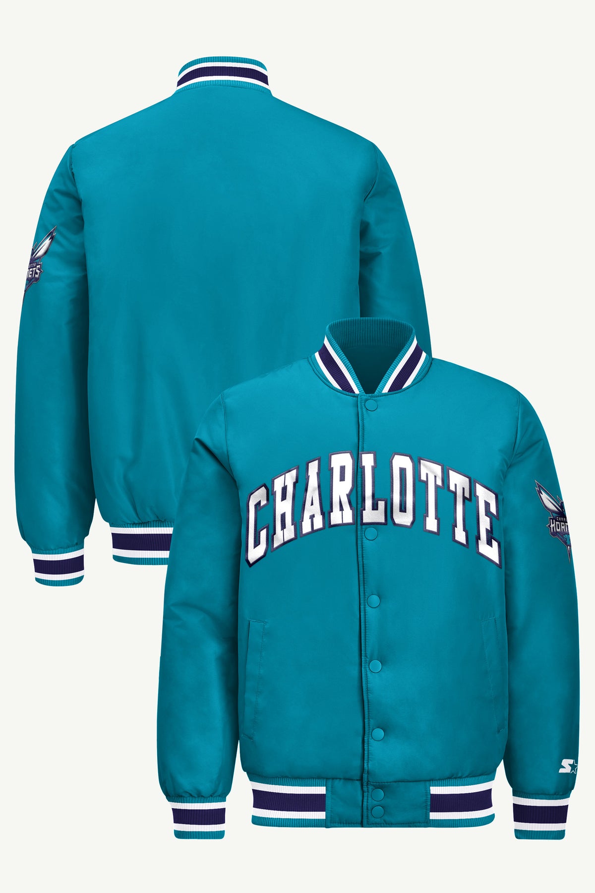 MENS CHARLOTTE HORNETS ACROSS SATIN VARSITY JACKET View 1 | Men's Starter Jackets