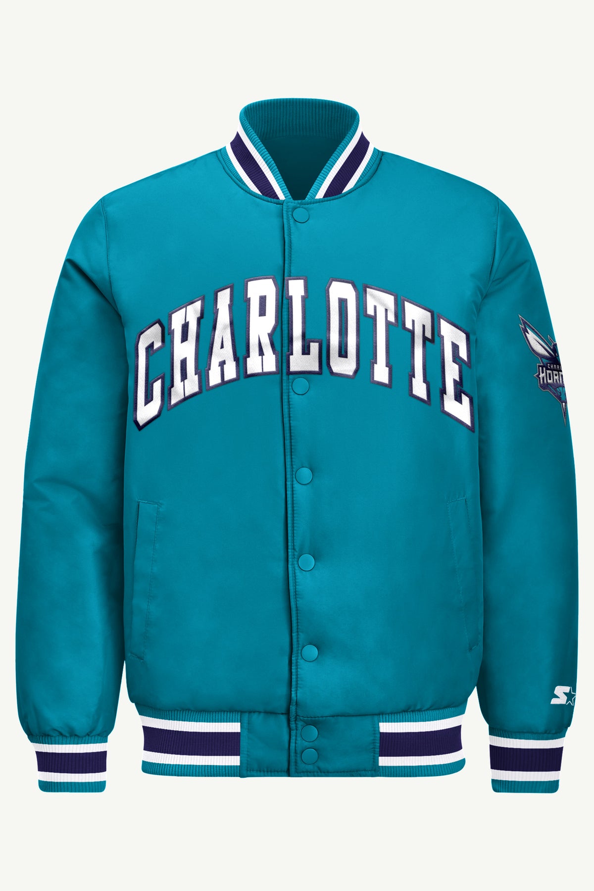MENS CHARLOTTE HORNETS ACROSS SATIN VARSITY JACKET View 2 | Men's Starter Jackets