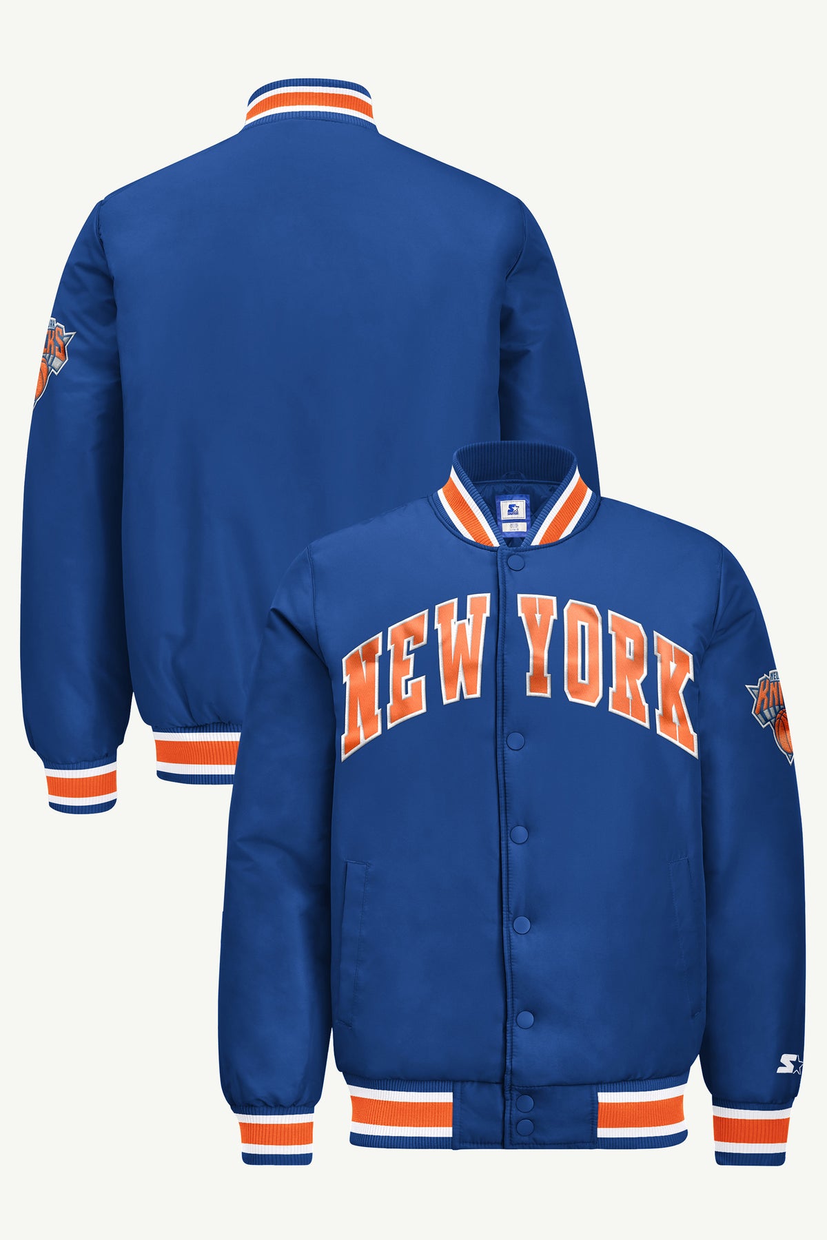 MENS NEW YORK KNICKS ACROSS SATIN VARSITY JACKET View 1