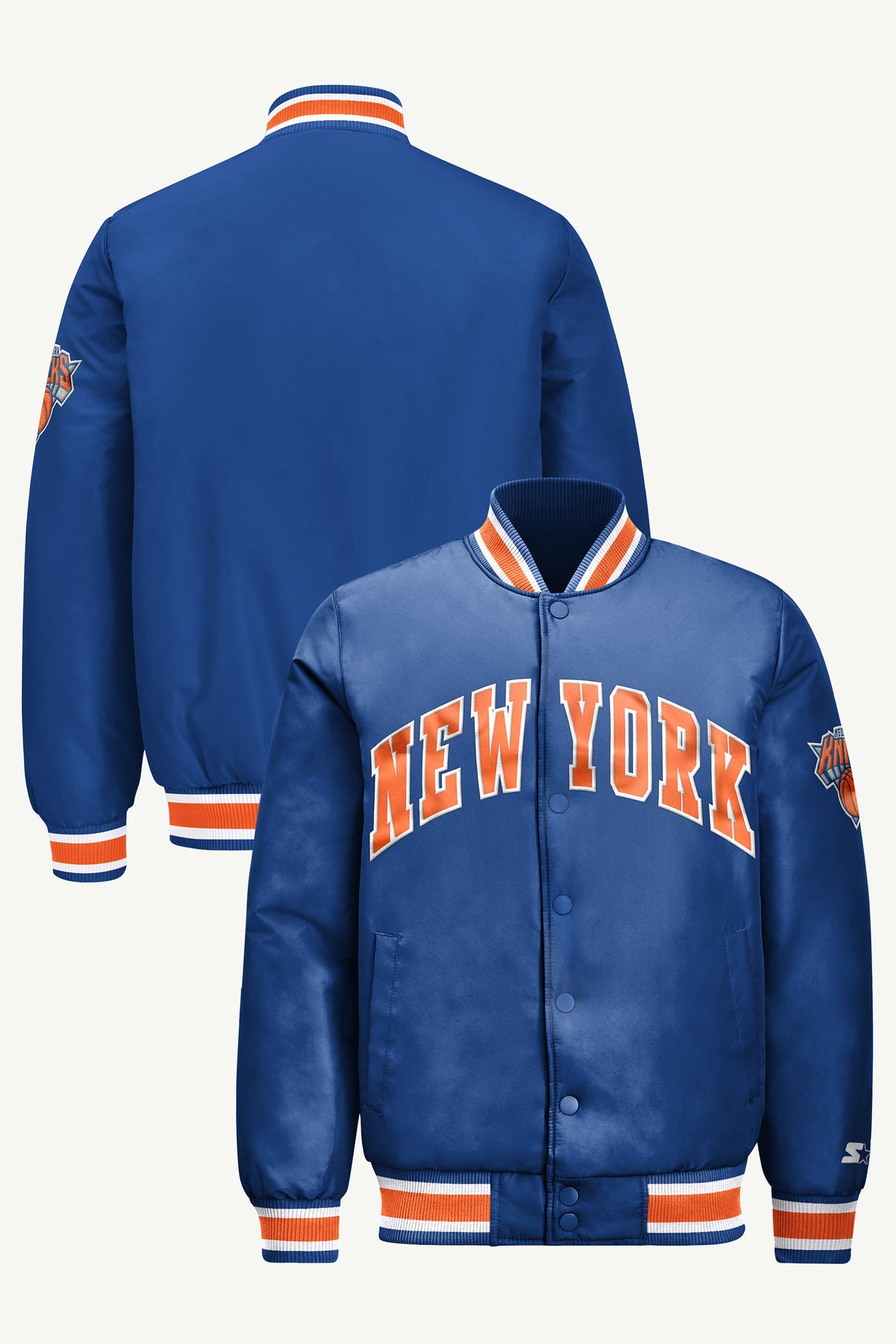 MENS NEW YORK KNICKS ACROSS SATIN VARSITY JACKET View 1 | Men's Starter Jackets