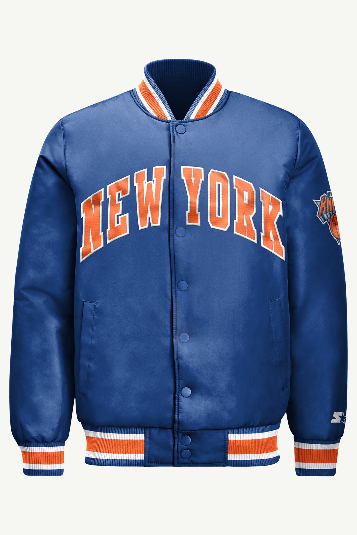 MENS NEW YORK KNICKS ACROSS SATIN VARSITY JACKET View 2 | Men's Starter Jackets