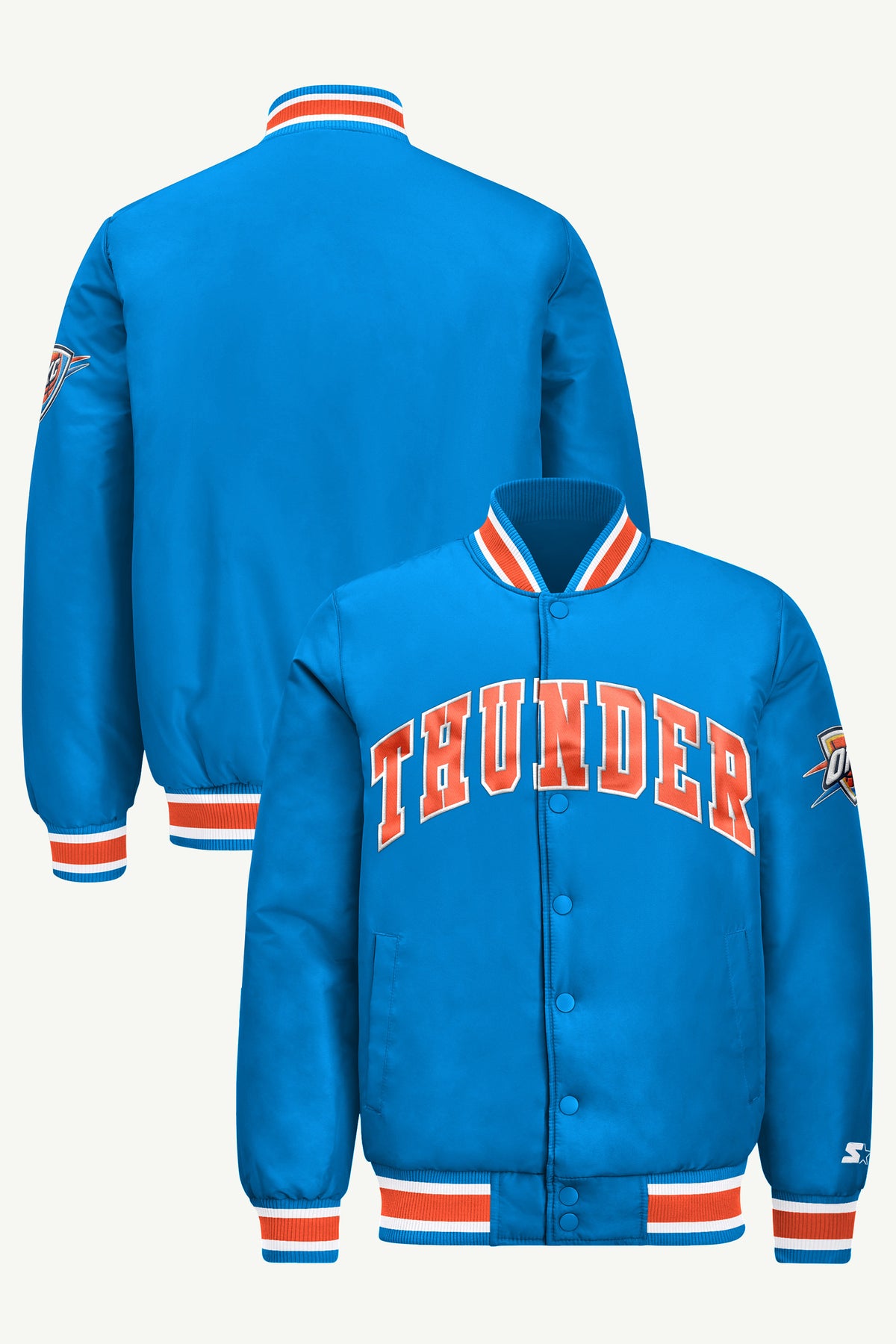 MENS OKLAHOMA CITY THUNDER ACROSS SATIN VARSITY JACKET View 1 | Men's Starter Jackets