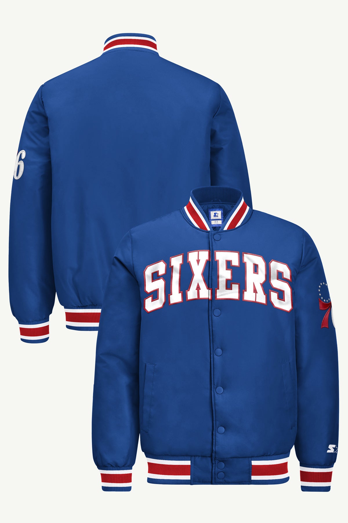 MENS PHILADELPHIA 76ERS ACROSS SATIN VARSITY JACKET View 1