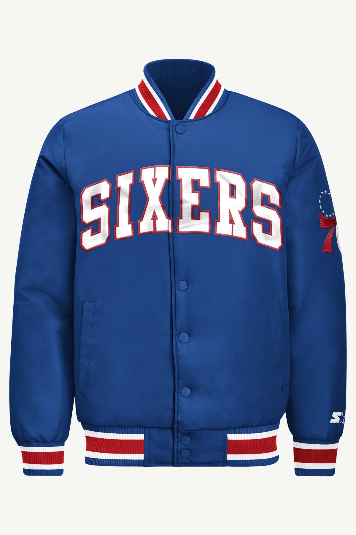 MENS PHILADELPHIA 76ERS ACROSS SATIN VARSITY JACKET View 2 | Men's Starter Jackets