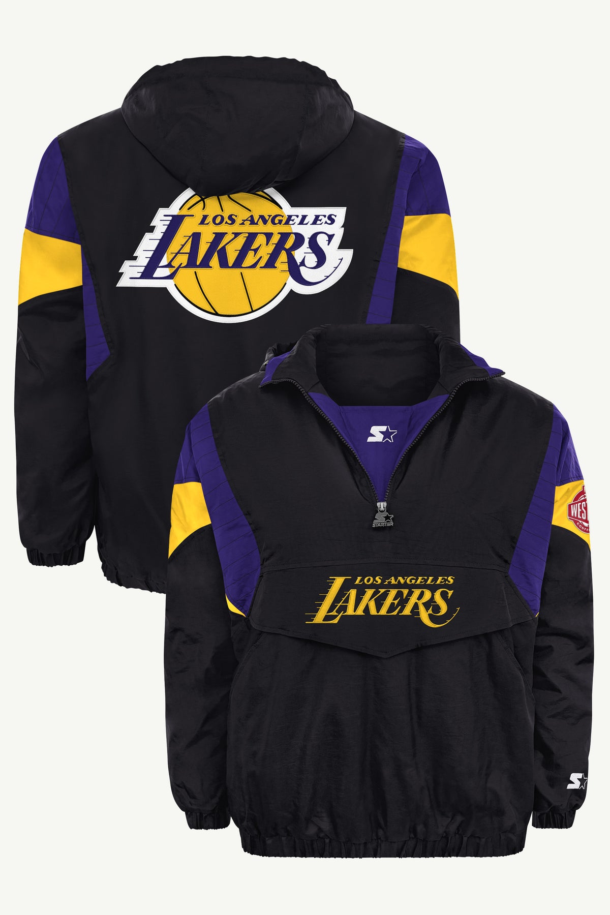 MENS LOS ANGELES LAKERS BLACK THROWBACK HALF ZIP HOODED JACKET View 1
