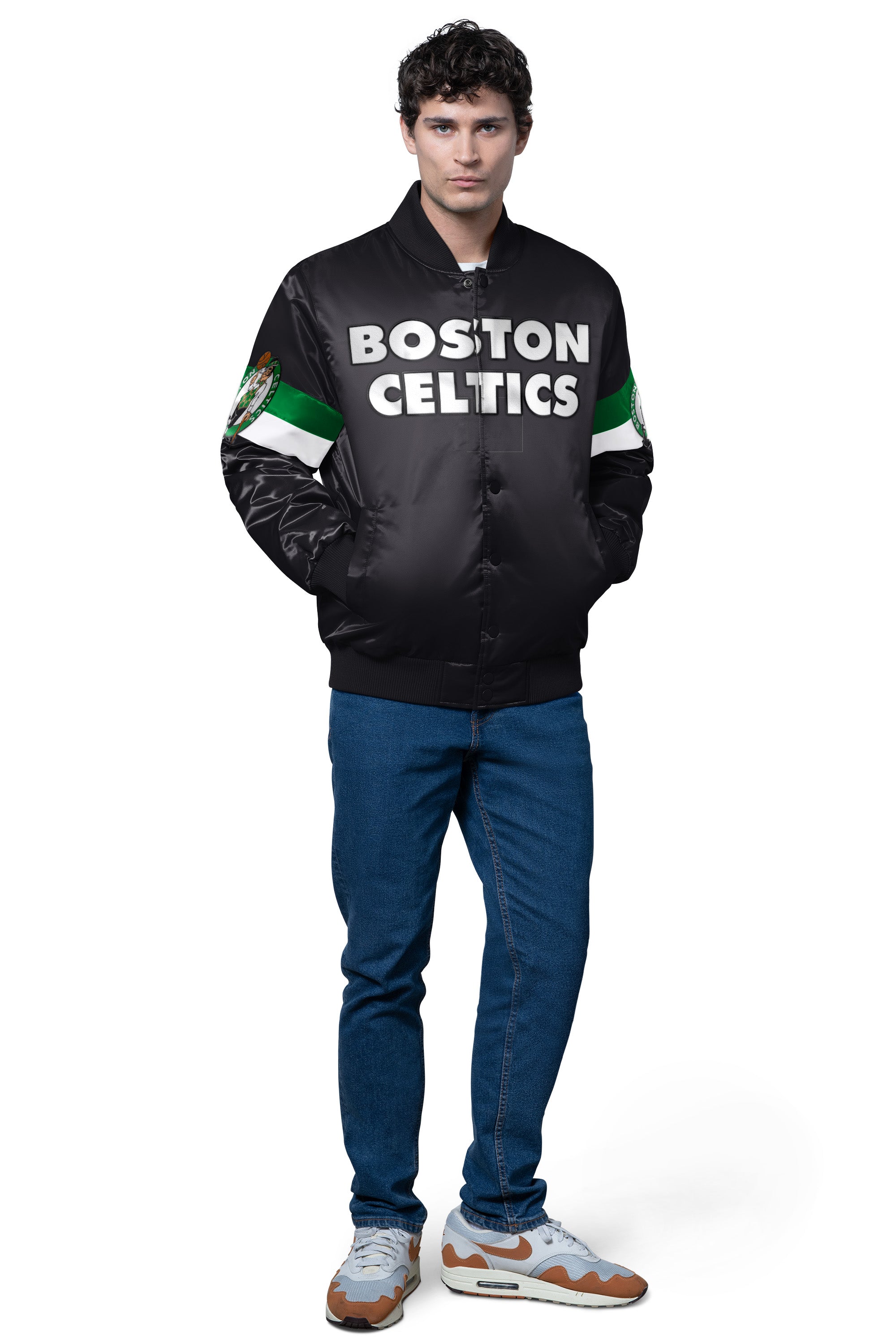 MENS BOSTON CELTICS TRIPLE OPTION SATIN VARSITY JACKET View 3 | NBA