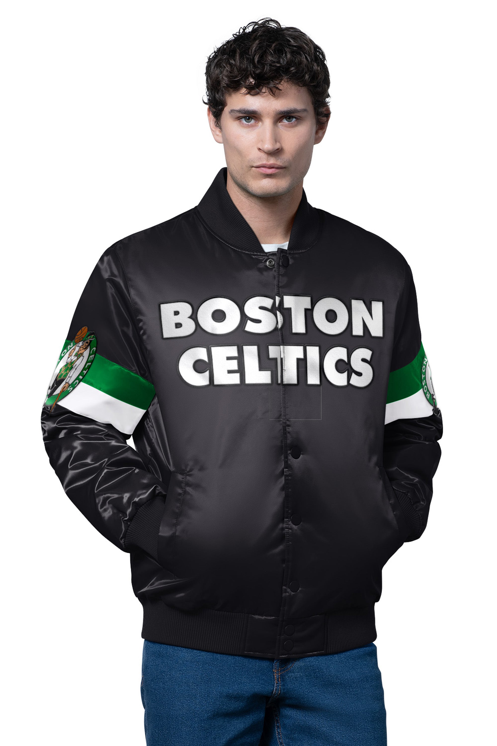 MENS BOSTON CELTICS TRIPLE OPTION SATIN VARSITY JACKET View 1 | NBA