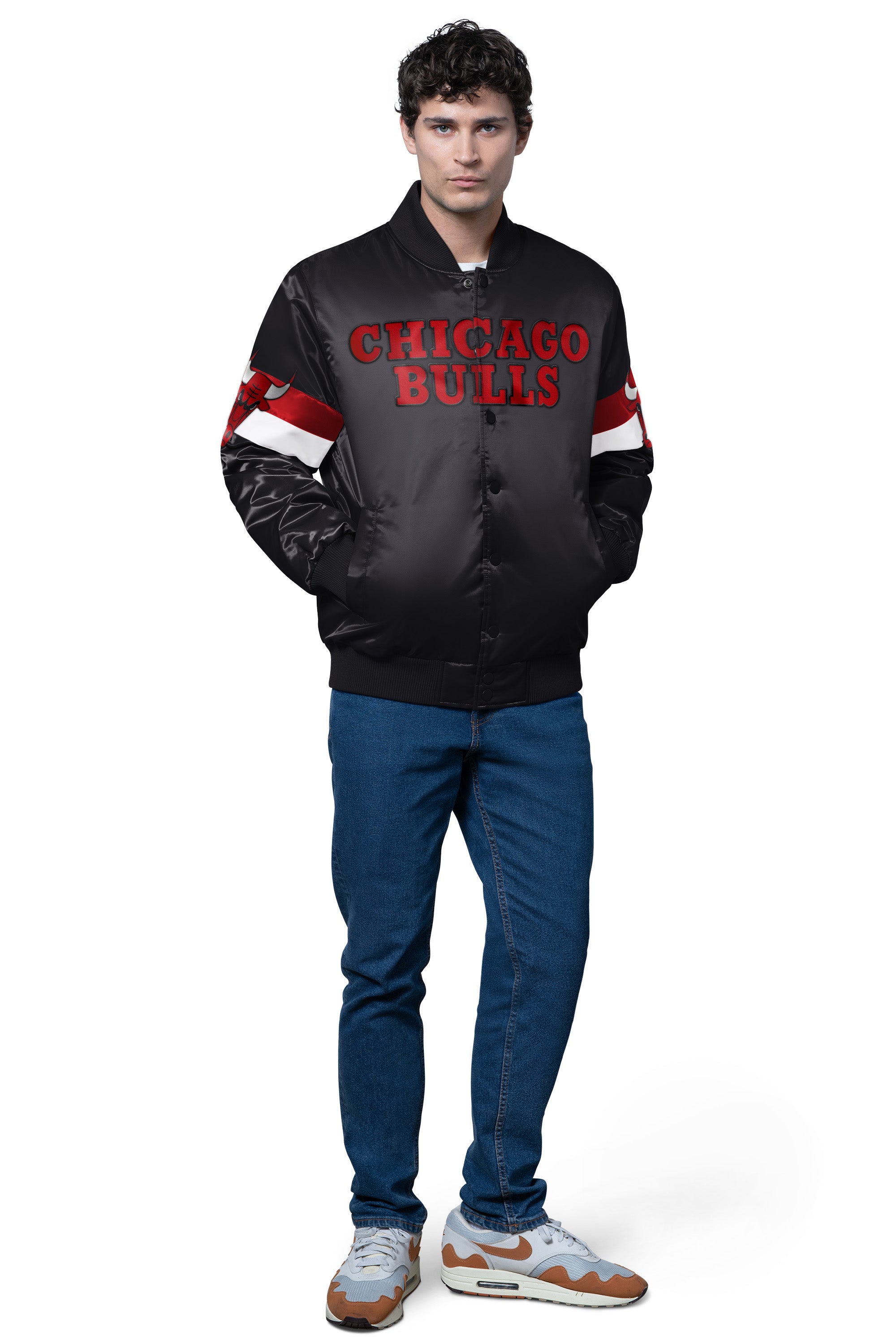MENS CHICAGO BULLS TRIPLE OPTION SATIN VARSITY JACKET View 3 | Chicago Bulls