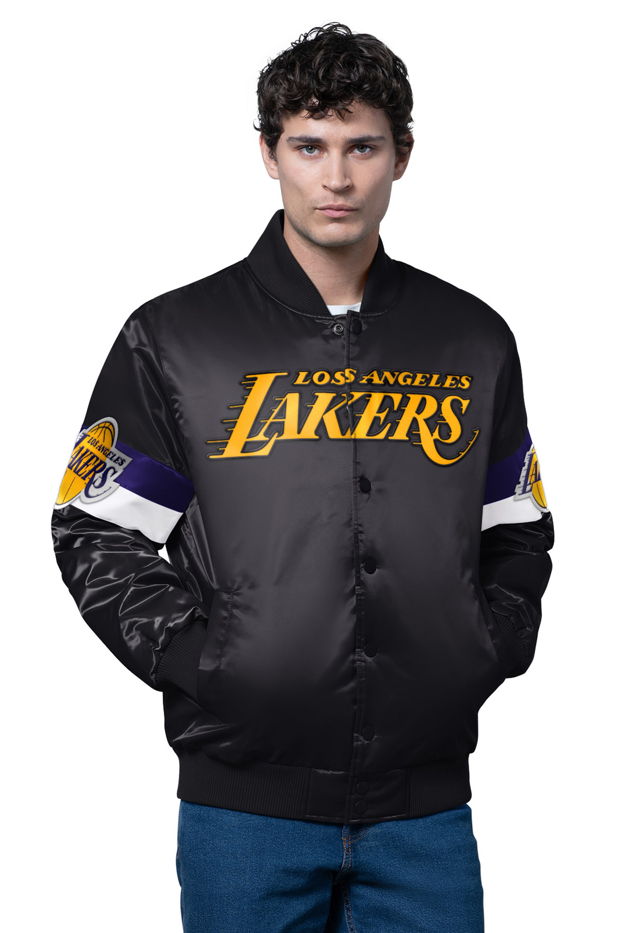 MENS LA LAKERS TRIPLE OPTION SATIN VARSITY JACKET View 1 | Los Angeles Lakers