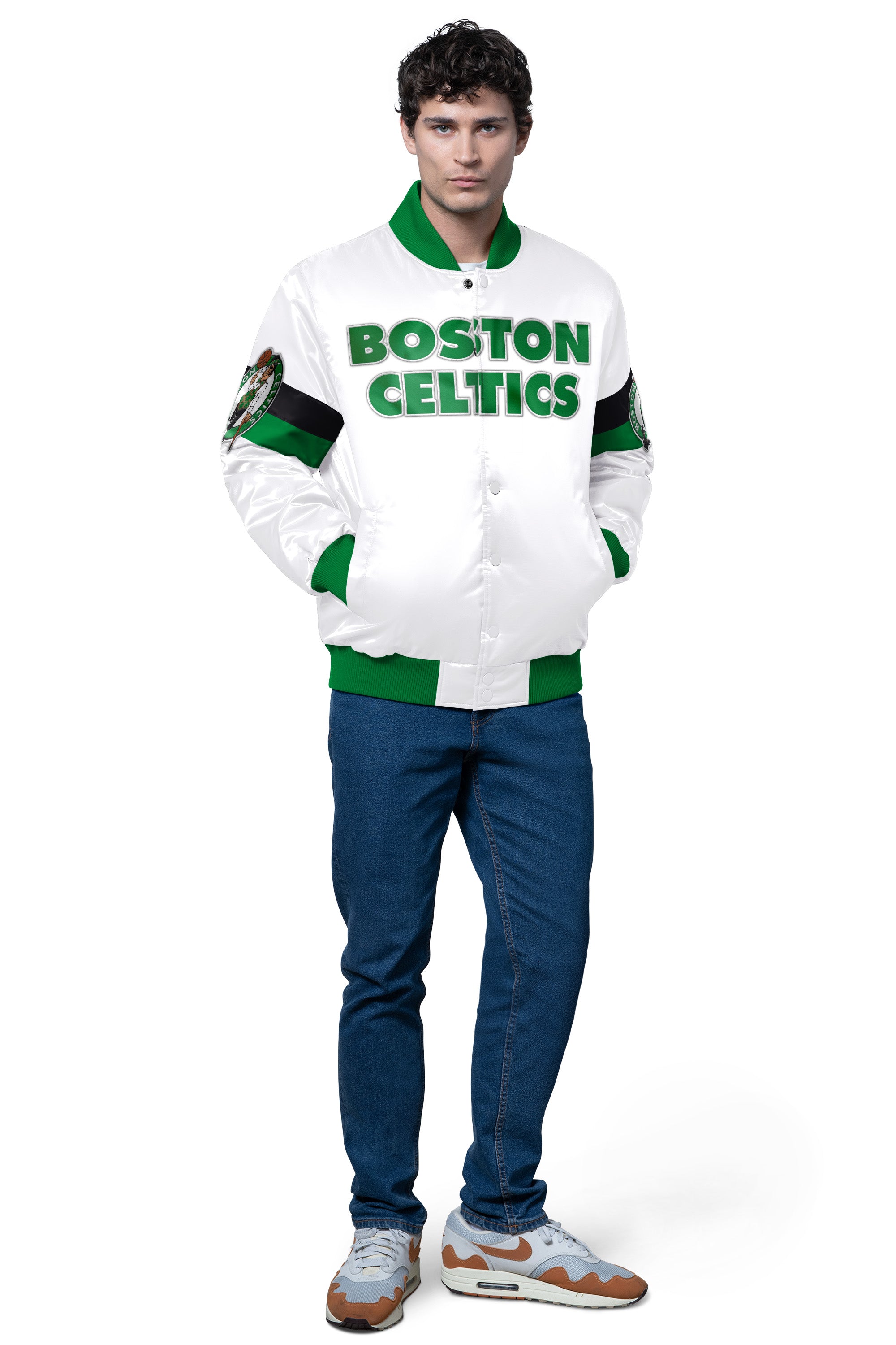 MENS BOSTON CELTICS TRIPLE OPTION SATIN VARSITY JACKET View 3 | NBA
