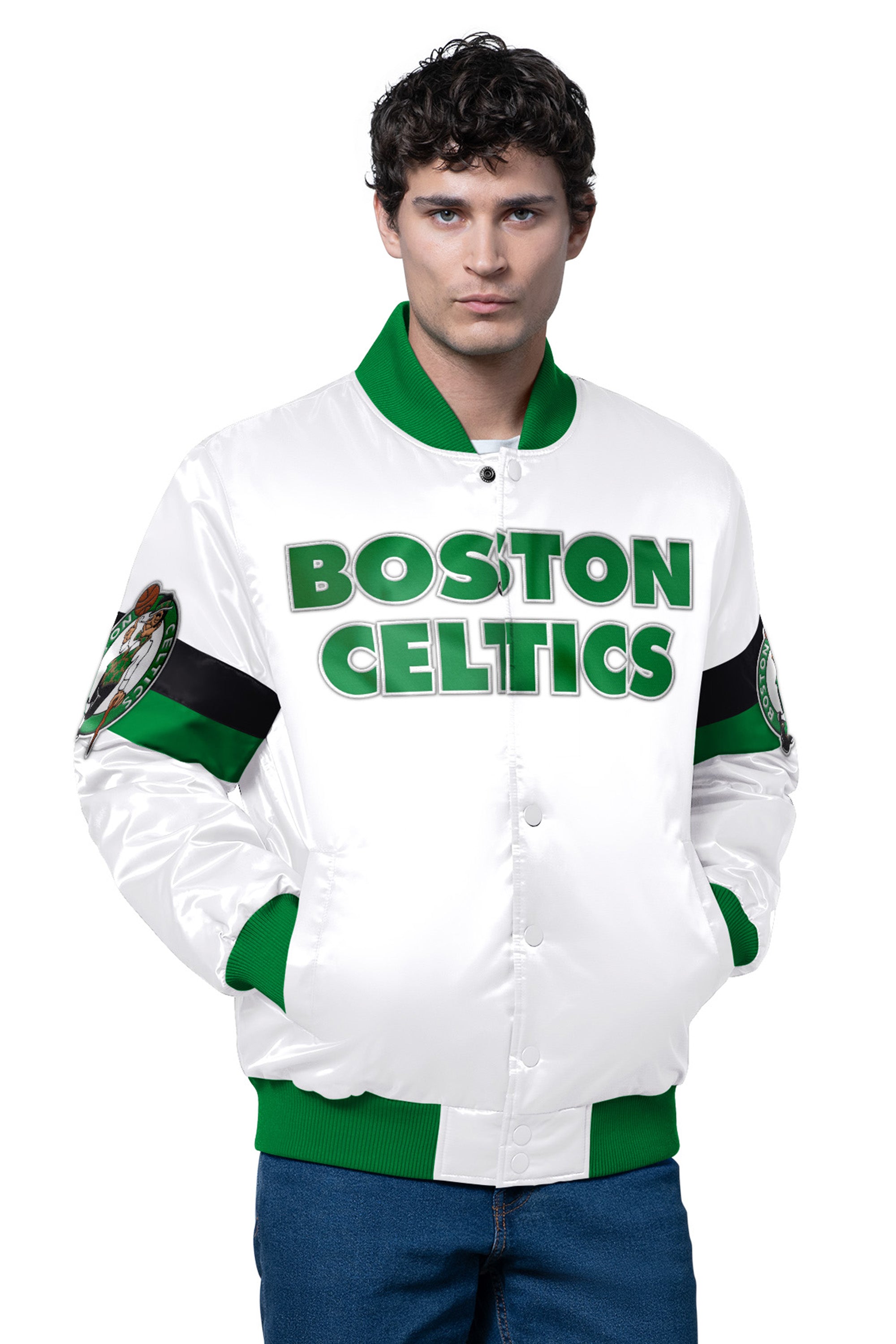 MENS BOSTON CELTICS TRIPLE OPTION SATIN VARSITY JACKET View 1 | NBA