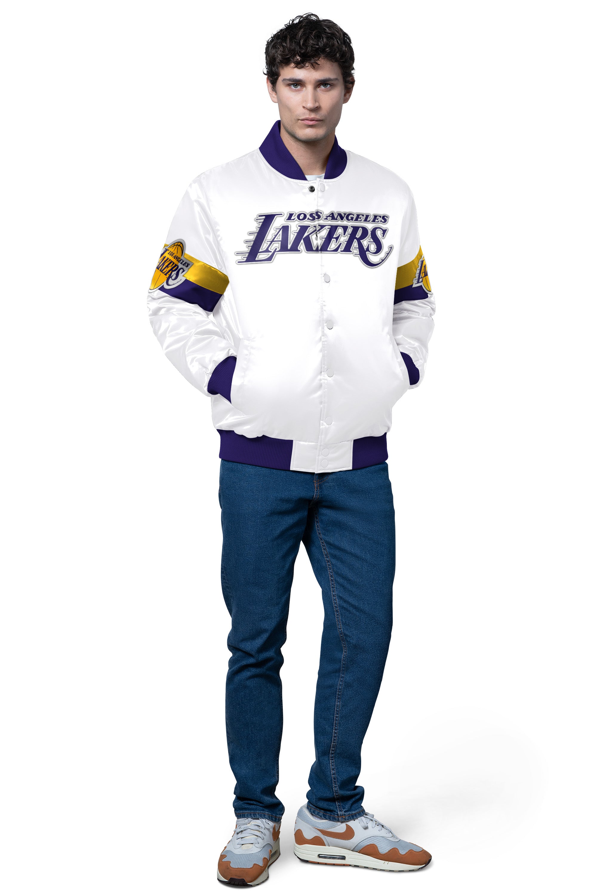 MENS LA LAKERS TRIPLE OPTION SATIN VARSITY JACKET View 3 | Los Angeles Lakers