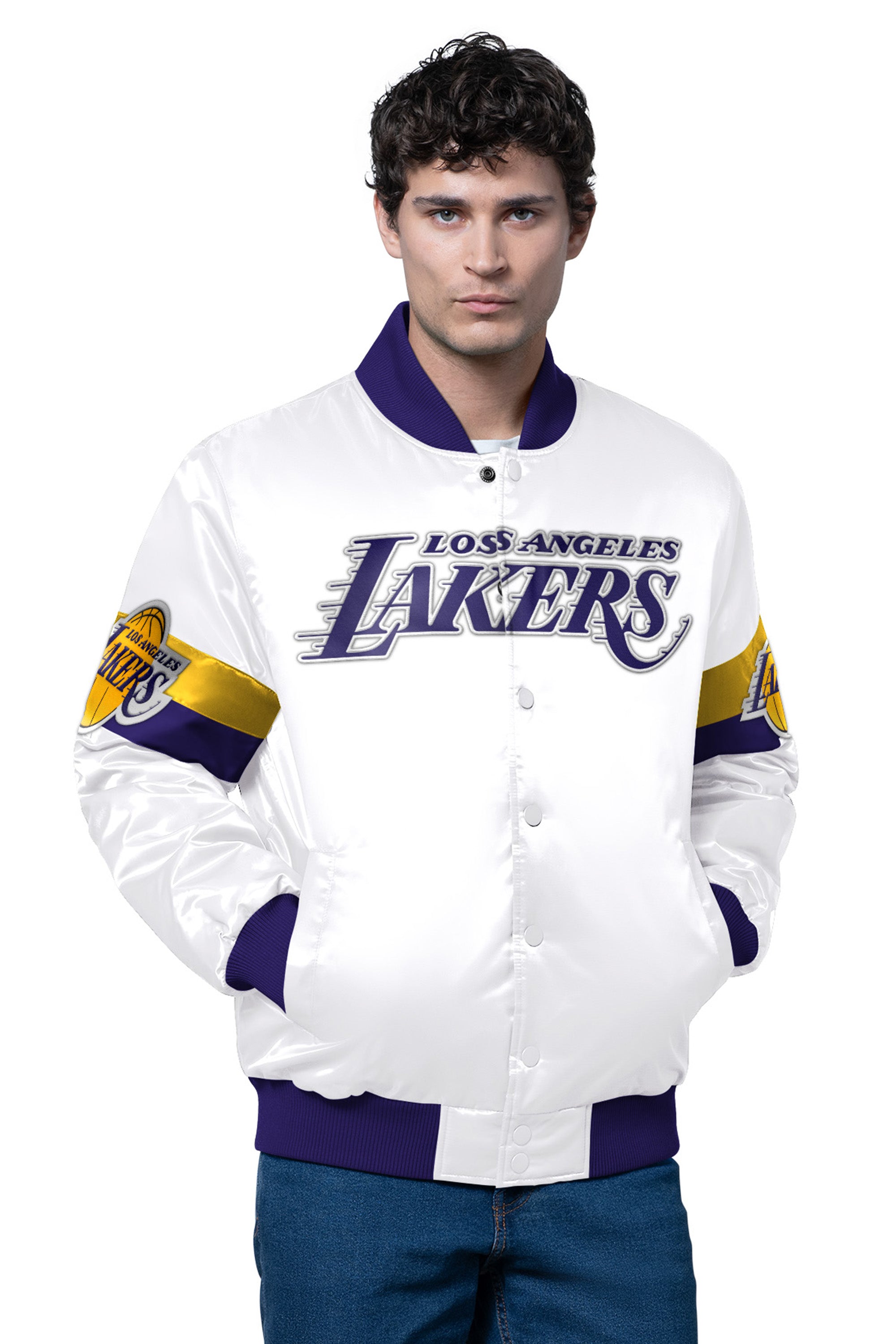 MENS LA LAKERS TRIPLE OPTION SATIN VARSITY JACKET View 1 | Los Angeles Lakers