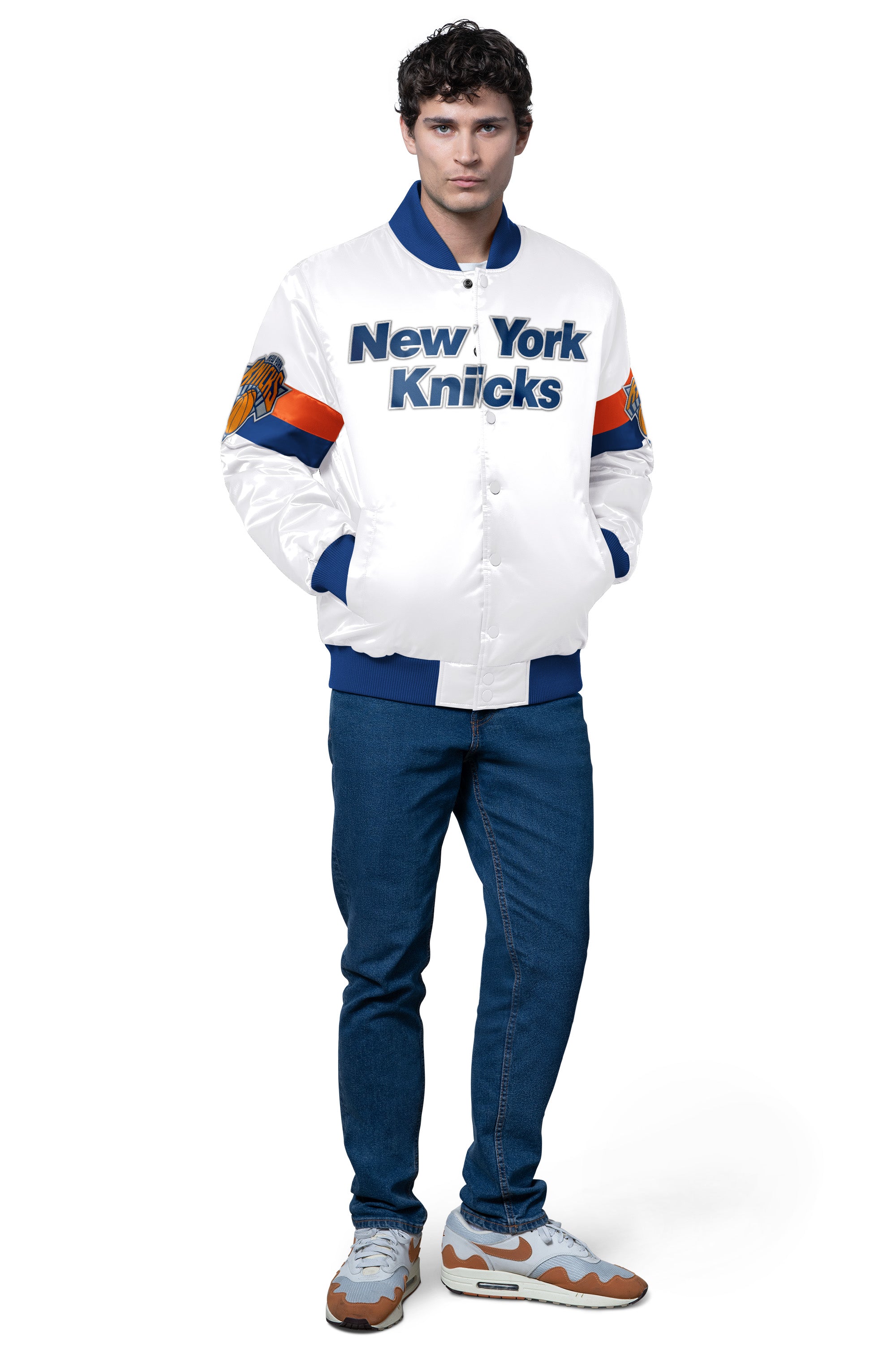 MENS NEW YORK KNICKS TRIPLE OPTION SATIN VARSITY JACKET View 3 | NBA