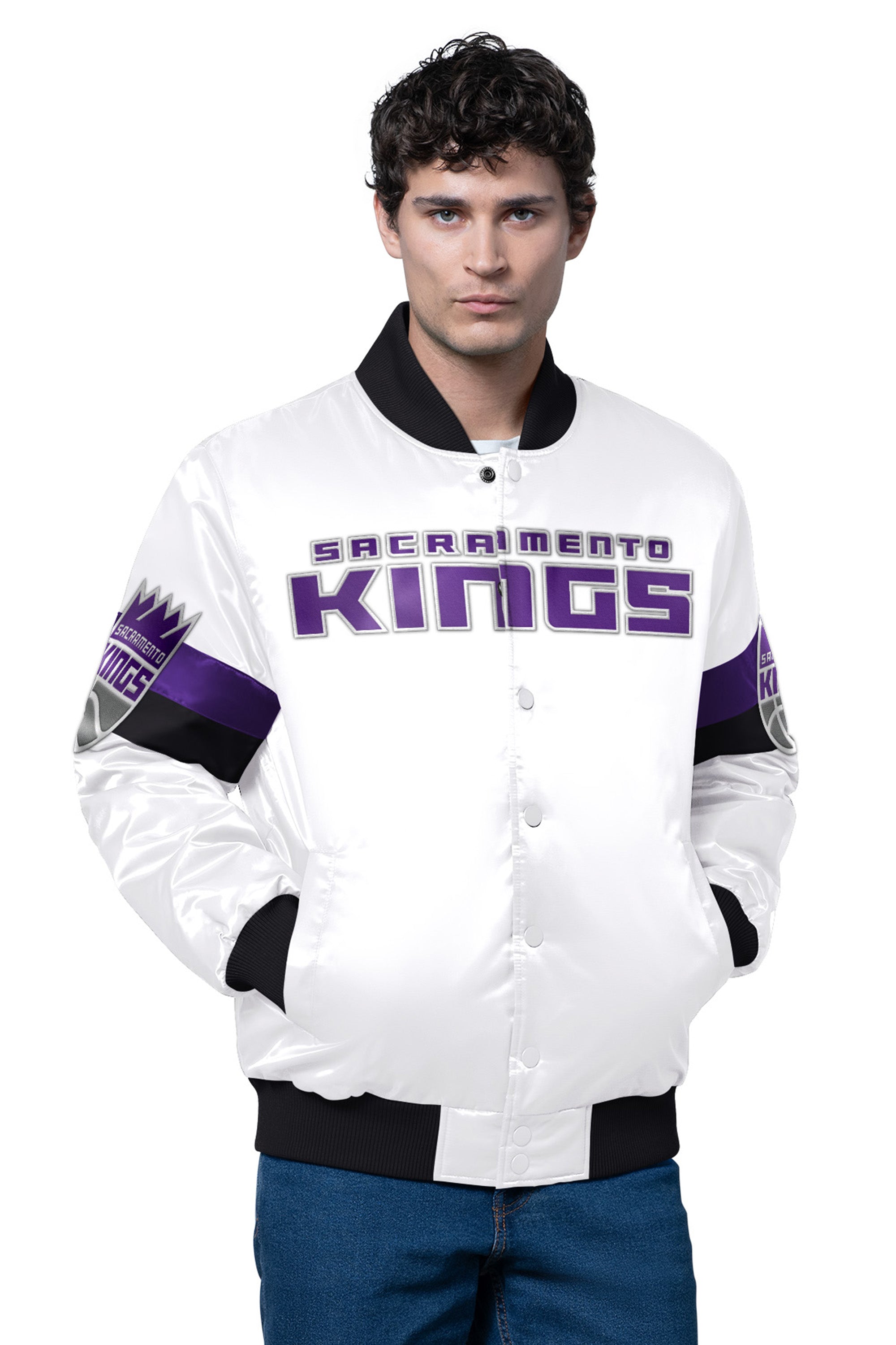 MENS SACRAMENTO KINGS TRIPLE OPTION SATIN VARSITY JACKET View 1 | NBA