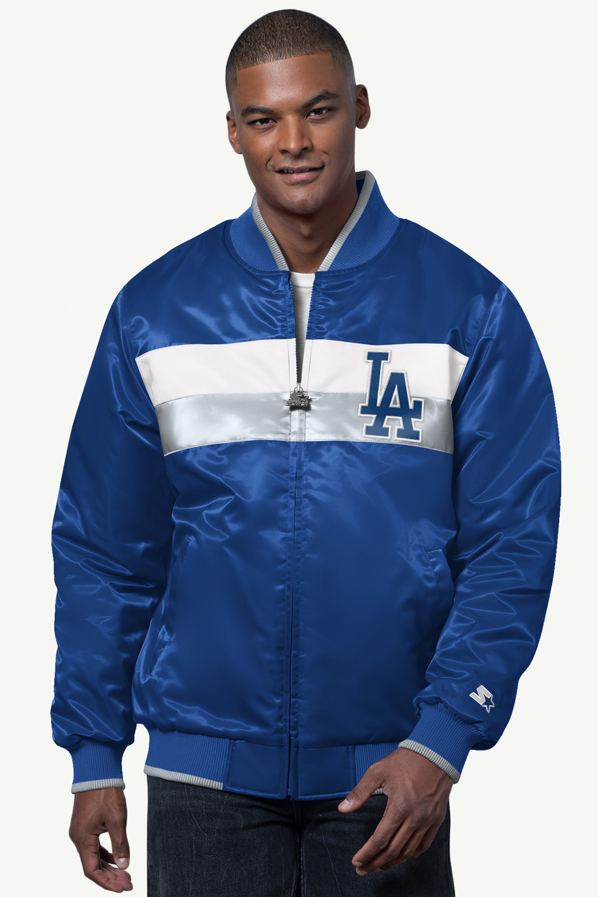 MENS LOS ANGELES DODGERS AMBASSADOR SATIN VARSITY JACKET View 1 | Los Angeles Dodgers