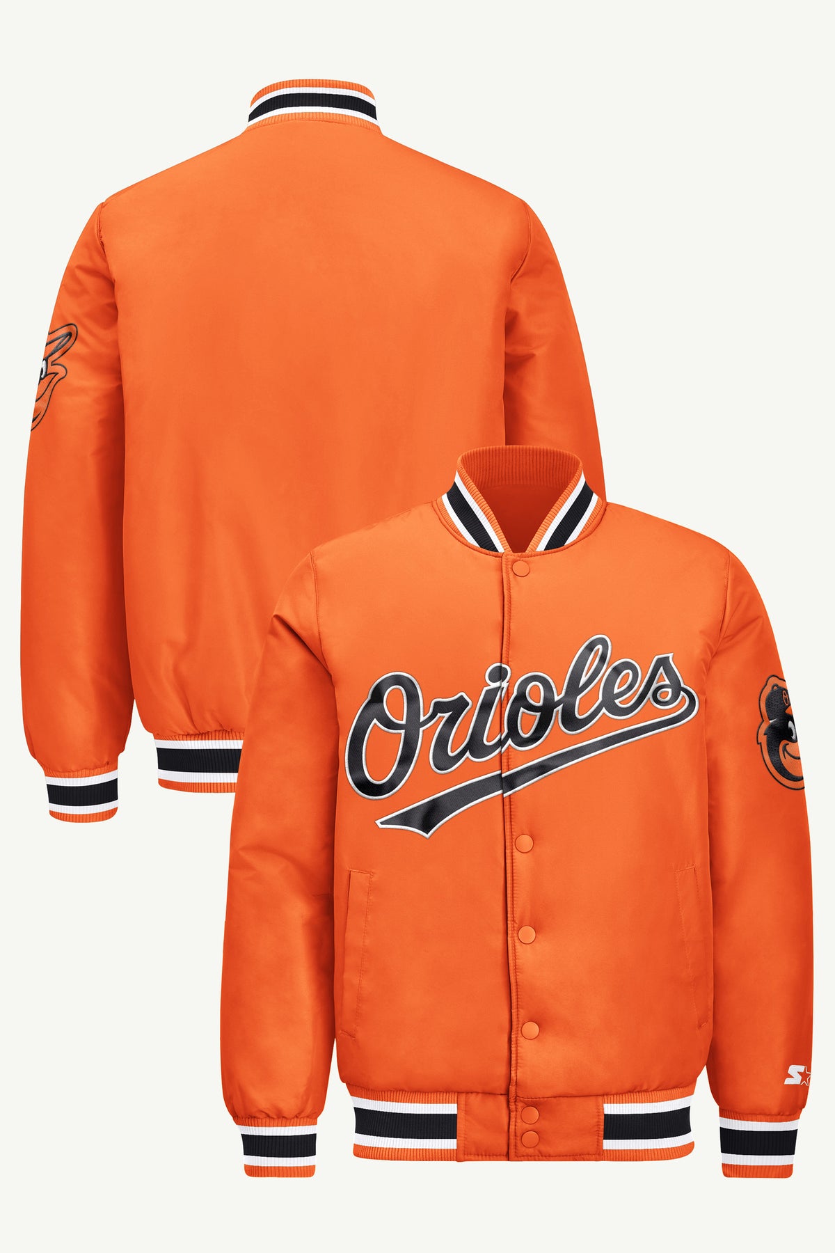 MENS BALTIMORE ORIOLES ACROSS SATIN VARSITY JACKET View 1 | Men's Starter Jackets